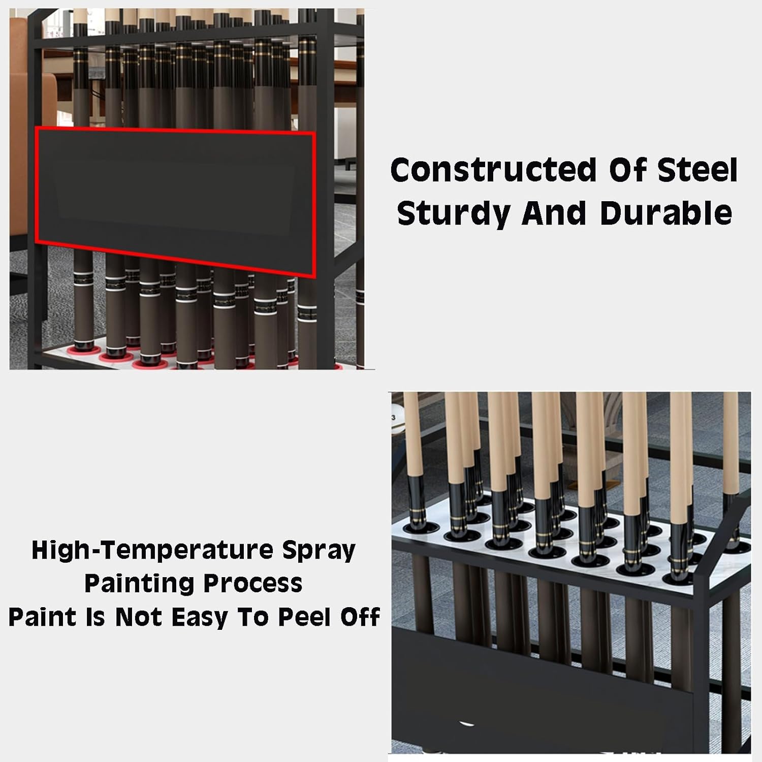 Heavy-Duty Pool Cue Stick Holder with Wheels – Organize 20 Cues, Billiard Table Accessories, Durable Storage Rack with Rubber Protection (Black)