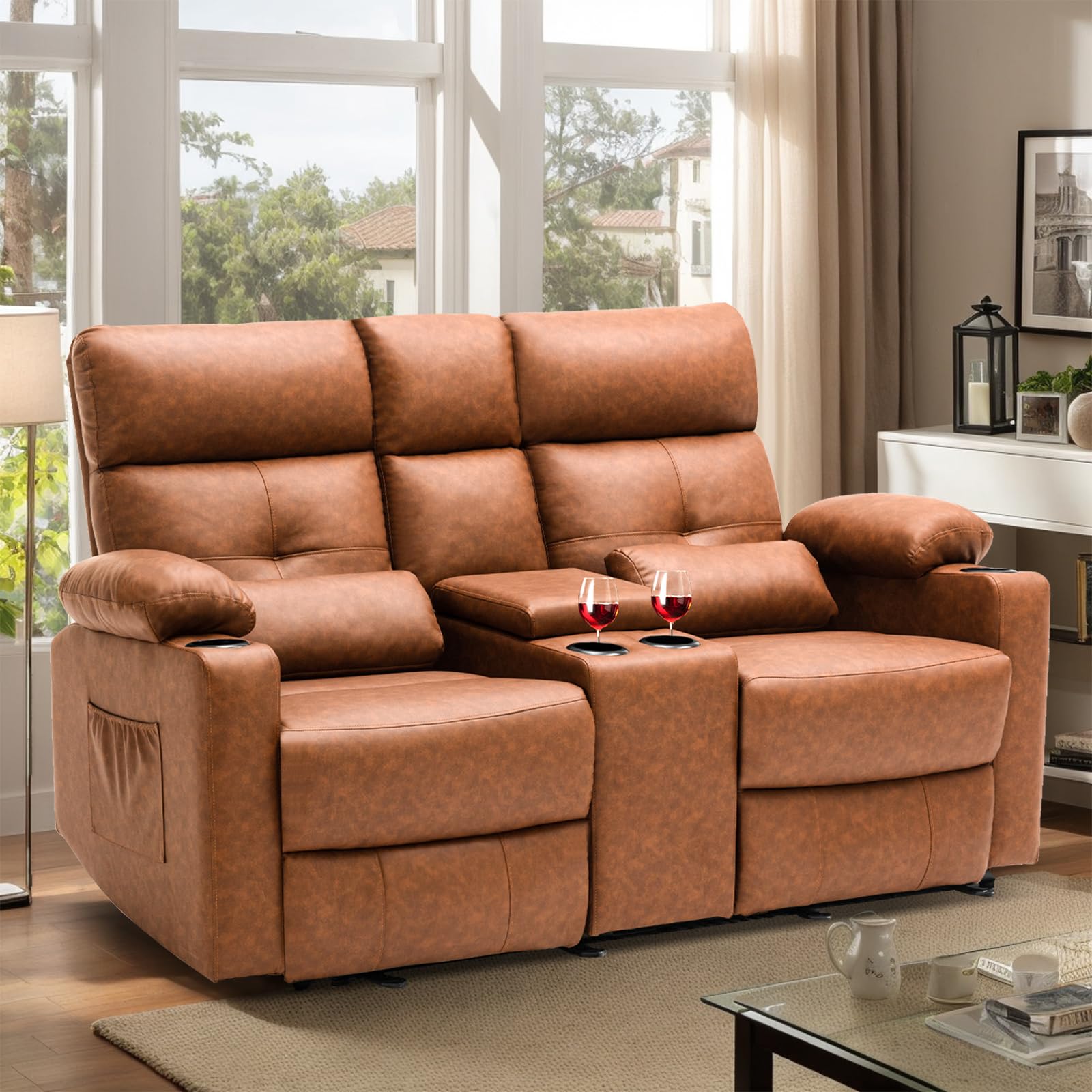 Consofa Power Reclining Loveseat with Console, Power Loveseat Recliner Sofa with Heat and Massage, Extending Footrest, RV Recliner Sofa with Lumbar