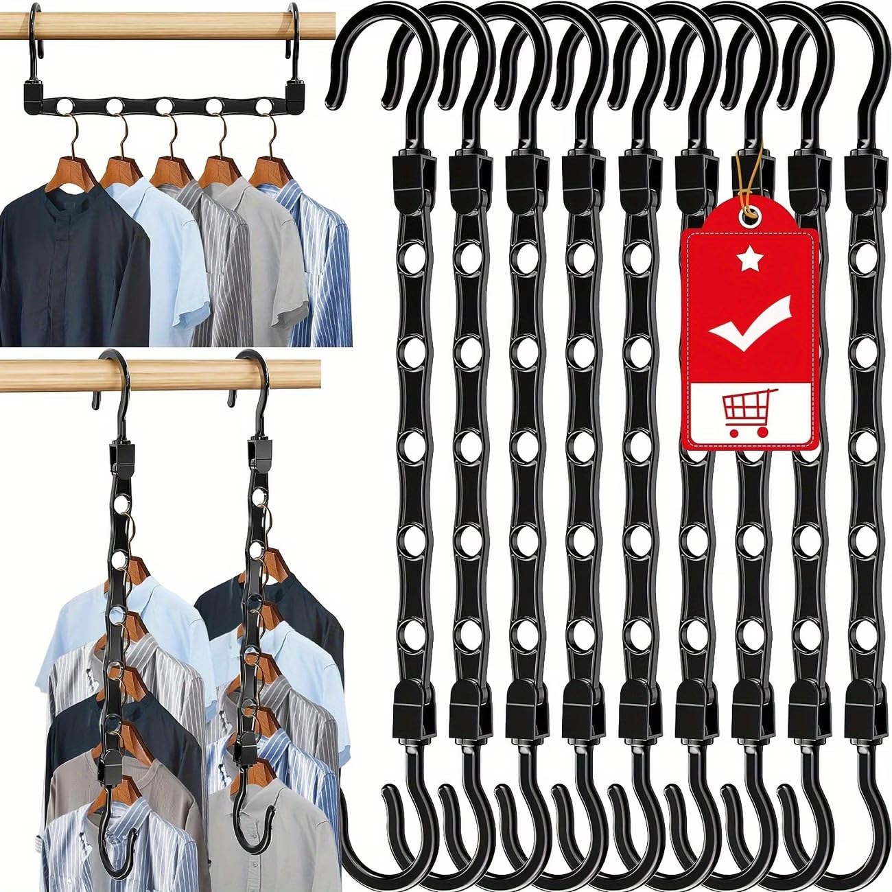 Space Saving Clothes Hangers 10 Pcs Organiser Hooks, Dual 360° Rotating Wardrobe Organiser, Heavy Duty PP Cascading Hangers, Holds Up to 4kg, Compatible with Wooden, Plastic & Wire Hangers, Black