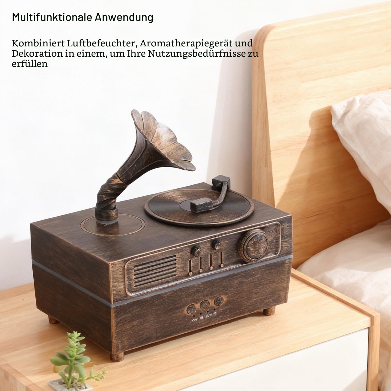 Asixxsix Retro-Aromatherapie-Luftbefeuchter, Vintage-Gramophon-Stil Ultraschall-Kühlnebeldiffusor mit Fernbedienung und Lautsprecher für Heimbüro-Schlafzimmerdekoration, Spa-Entspannung