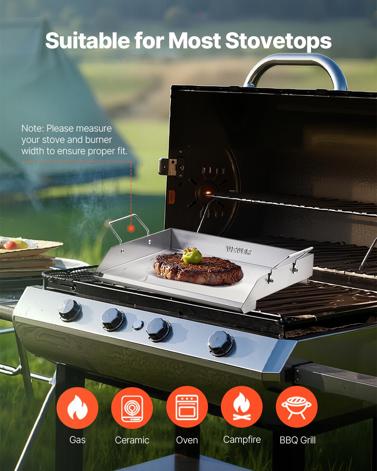 VEVOR Plaque de cuisson en acier inox, plaque de four rectangulaire universelle à dessus plat, 448 x 370 mm, batterie de cuisine familiale portable à gaz avec poignée, pour camping, fête de talonnage