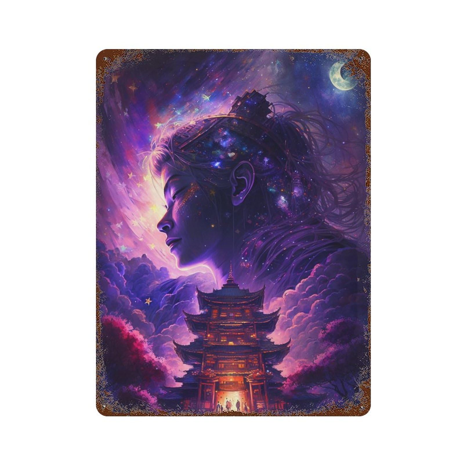 Fantasy Asian Temple Night Sky Distressed Metal Wall Sign 15.7"x11.8", Shabby Chic Decor for Garage, Pub Or Kitchen