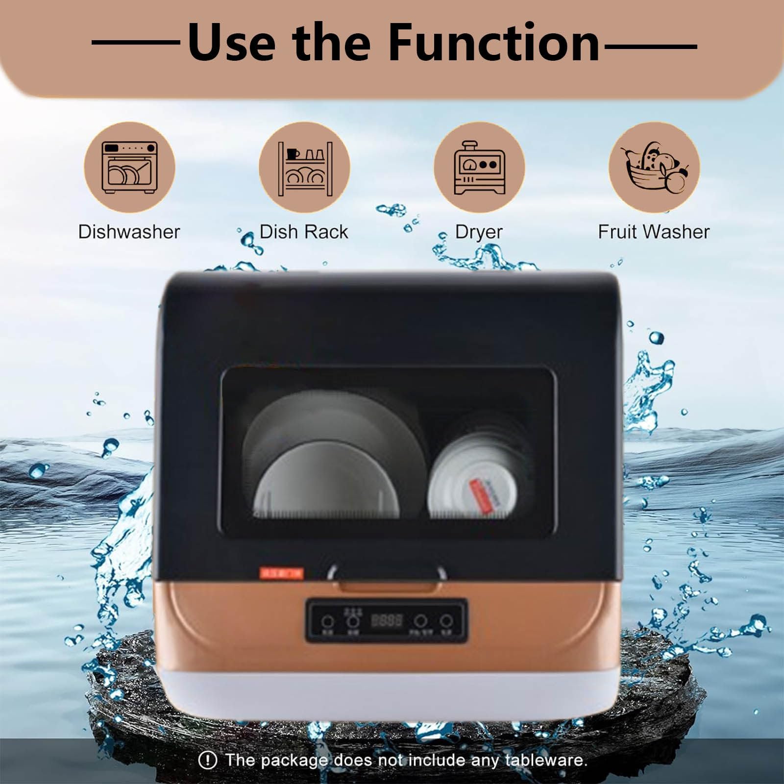 Lavavajillas portátil de encimera de 800 W, lavavajillas Compacto, lavavajillas automático con 3 programas de Lavado + Secado y desinfección, para apartamento/Oficina/Cocina,Gold