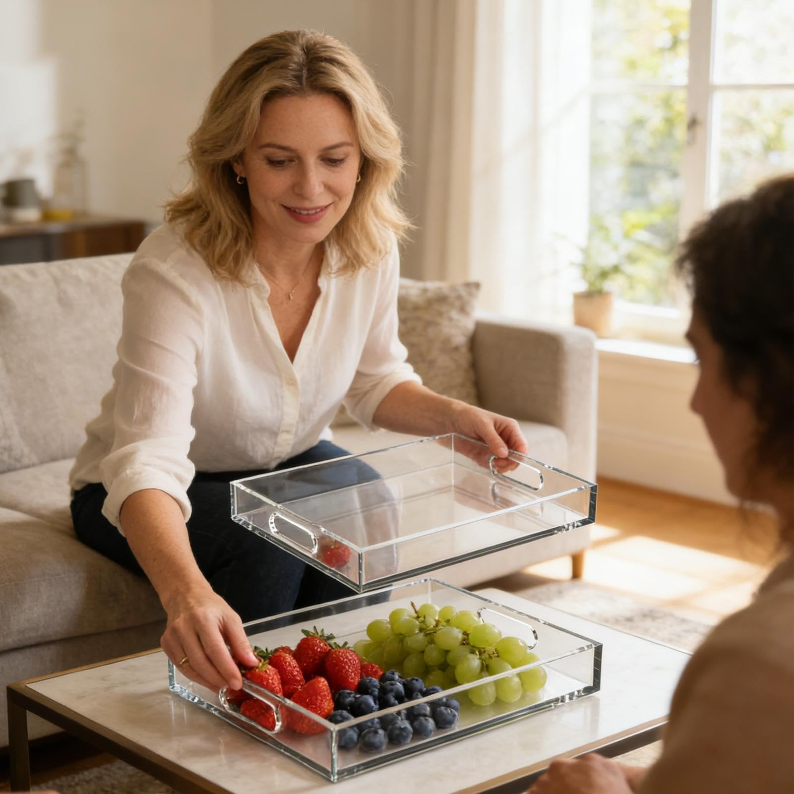 Bandeja de Servicio Transparente 2 Piezas Grandes Claras a Prueba de Fugas | Bandeja de Servicio Antideslizante de Acrílico Para baño, cocina, cafetería, comedor, postres