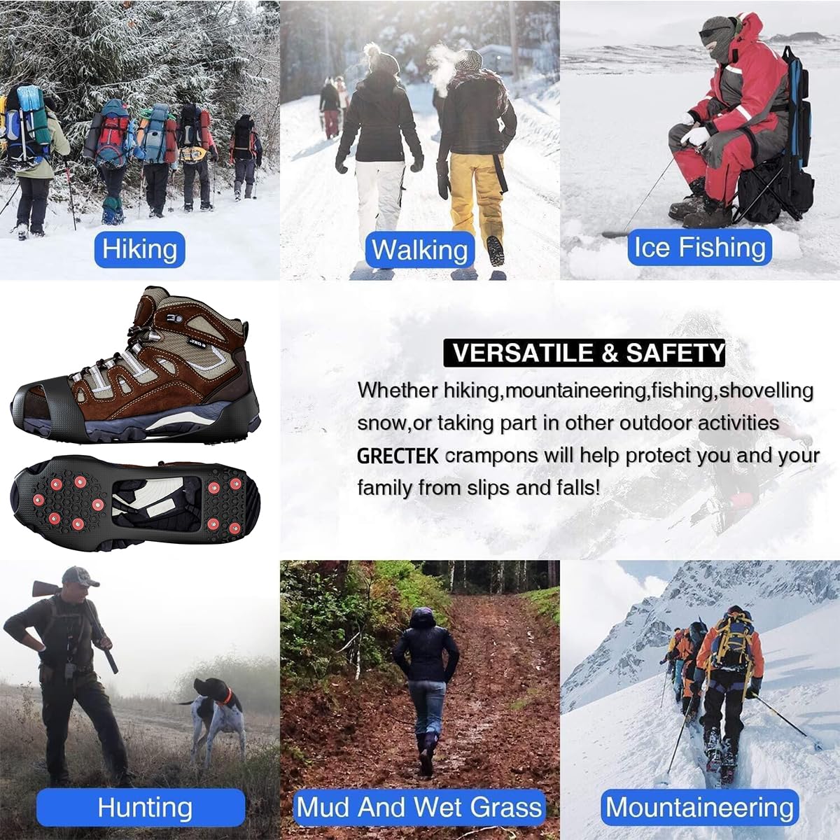 GT20 Crampons,Poids léger Clous Neige Grips Crampons Protection antiglisse pour Hiver Randonnée Pêche Marche