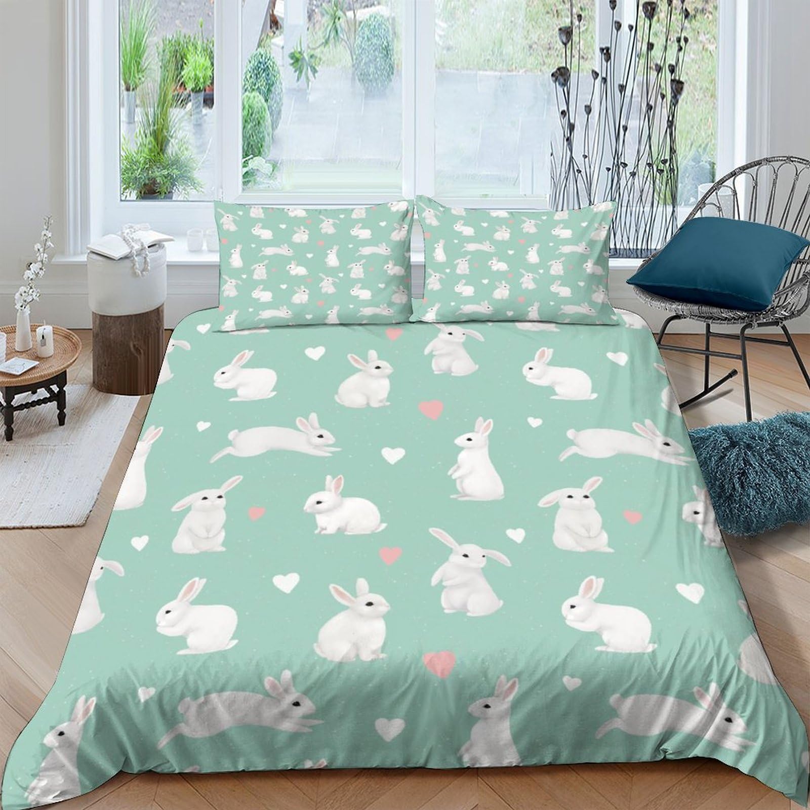 Ctjqhvkz Style-5 3D Printed Cute Bunny Green Fitted Sheet Microfiber Soft Anti-Slip Rabbit Bed Sheet For Bedroom Dorm Decor Single（135X200cm）