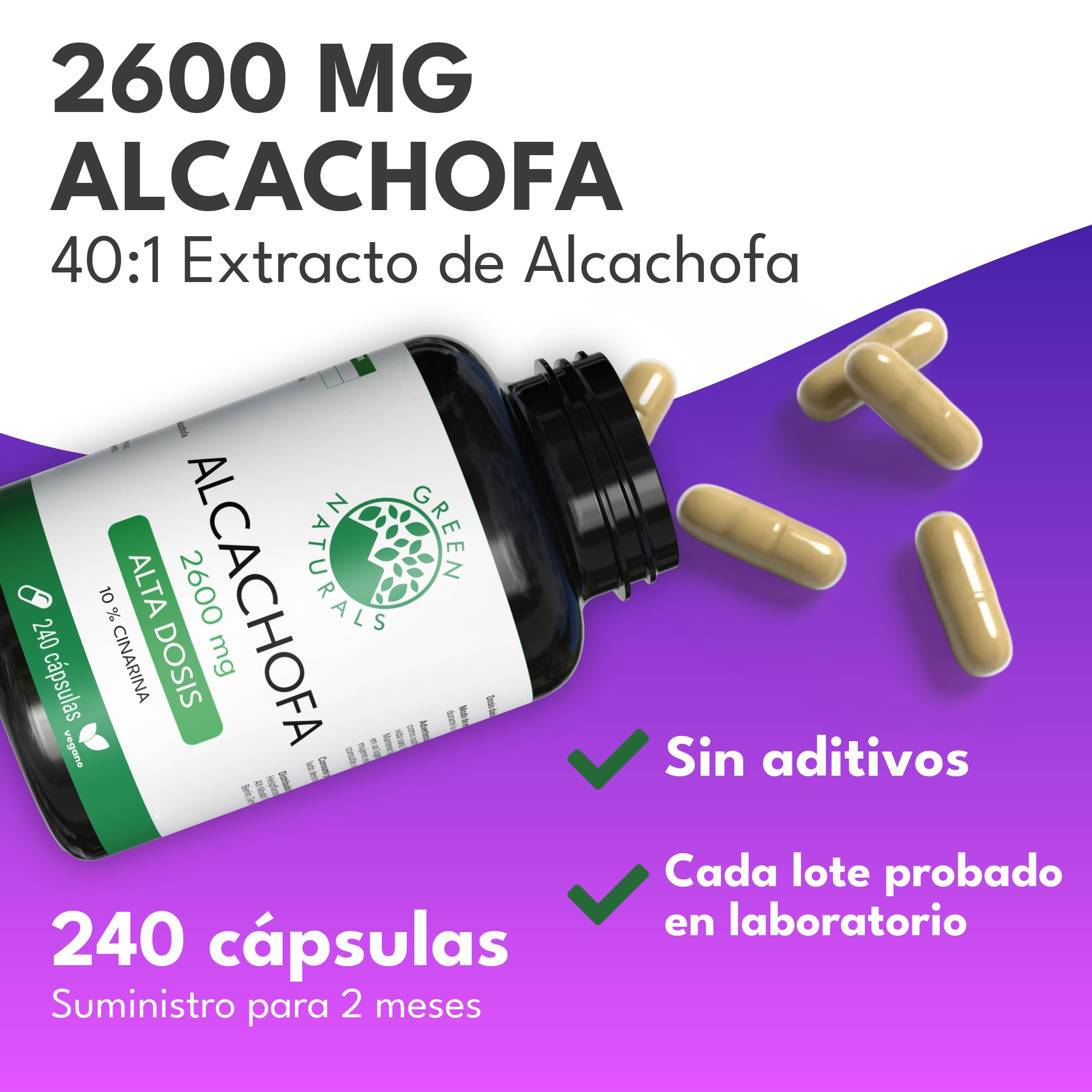 Green Naturals® Alcachofa Cápsulas - IMPORTANTE: 40:1 Extracto (=104.000mg Alcachofa) con 260mg cinarina - 240 cápsulas