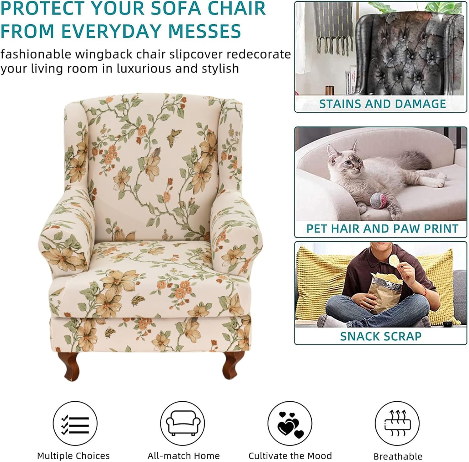 KRFOONN Wingback Chair Covers Slipcovers 2 Piece Stretch Wing Chair Covers Spandex Slipcovers Wingback Sofa Covers Armchair Covers Non-Slip Furniture Protector for Living Room Wingback Chairs, A24