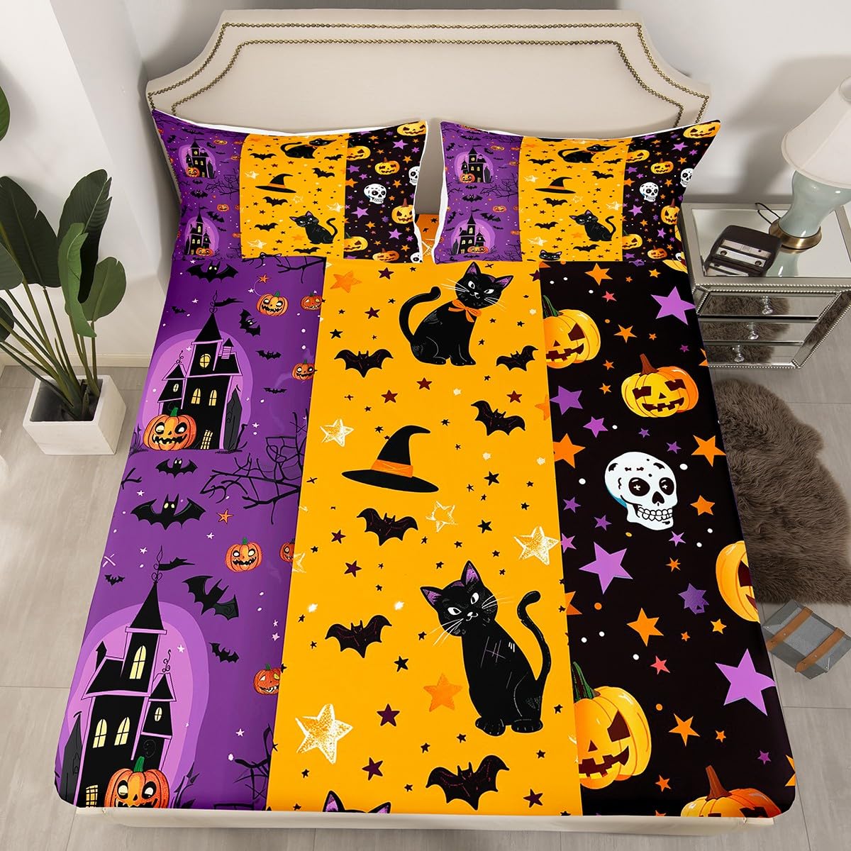 Drap-housse d'Halloween violet grand lit Manfei avec 2 taies motif chat citrouille