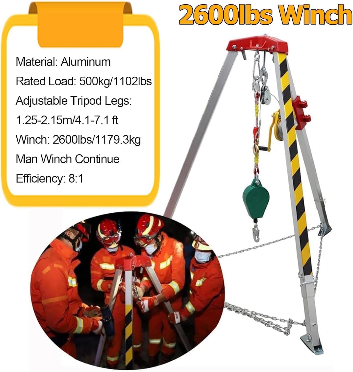 Kit de levage de trépied robuste de 2,1 m pour espace confiné, construction, égout, lutte contre les incendies, support de jambe rétractable, durable et fiable