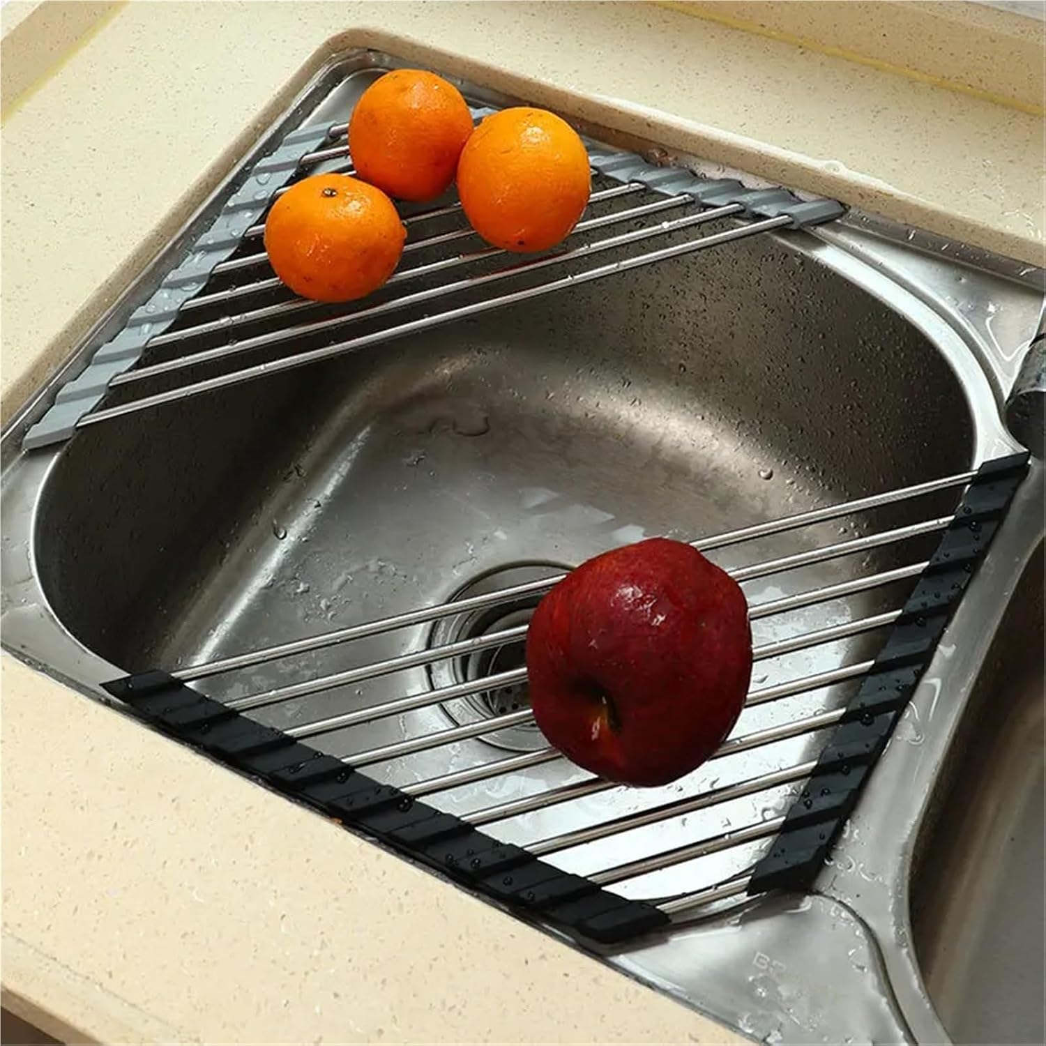 Roll Up Triangle Dish Drying Rack Kitchen Sink Organizer Corner Over the Sink Sponge Rag Holder Foldable Stainless Steel Drainer(Black)