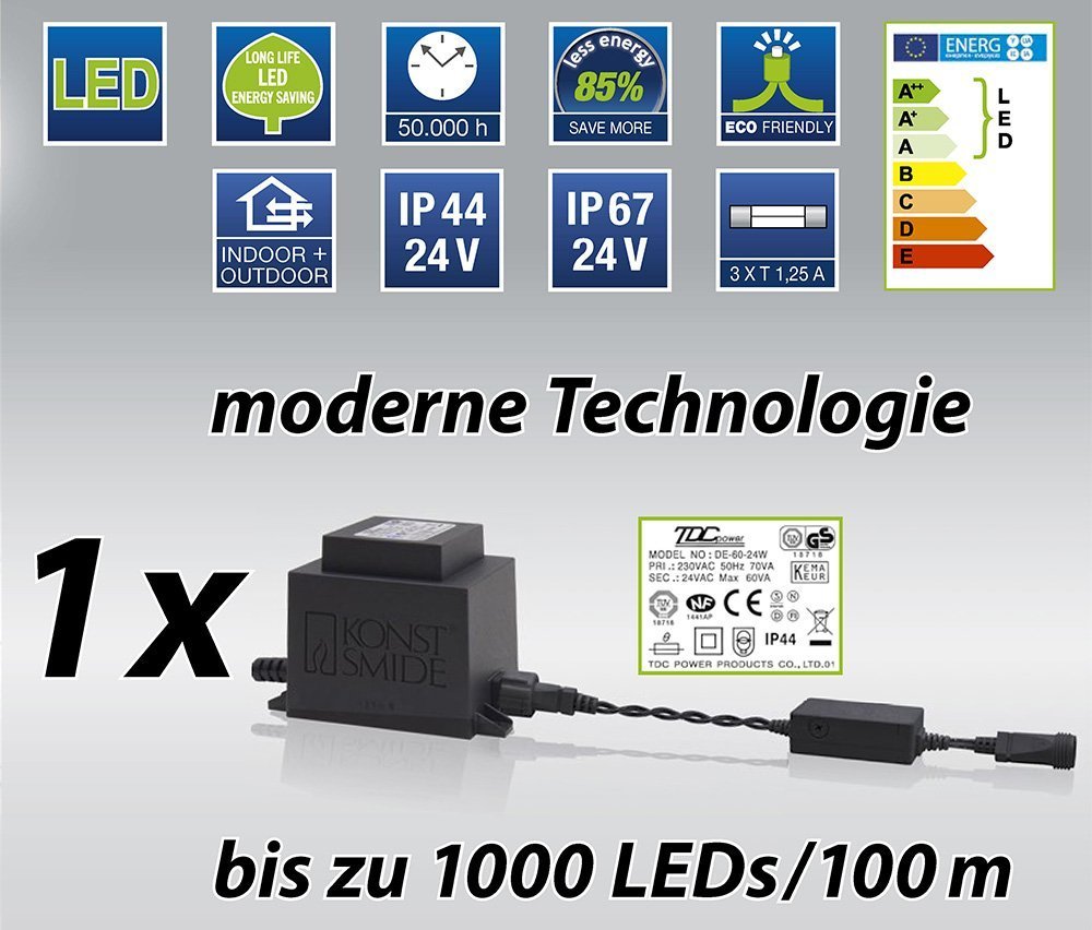 Konstsmide LED System Anschlusskabel für 1040 Dioden / 100 Meter, inkl. Feinsicherung t1.25 A (2 x Ersatzsicherung), 24V Außentrafo. 60 VA (IP44), schwarzes Soft-Kabel - 4600-007