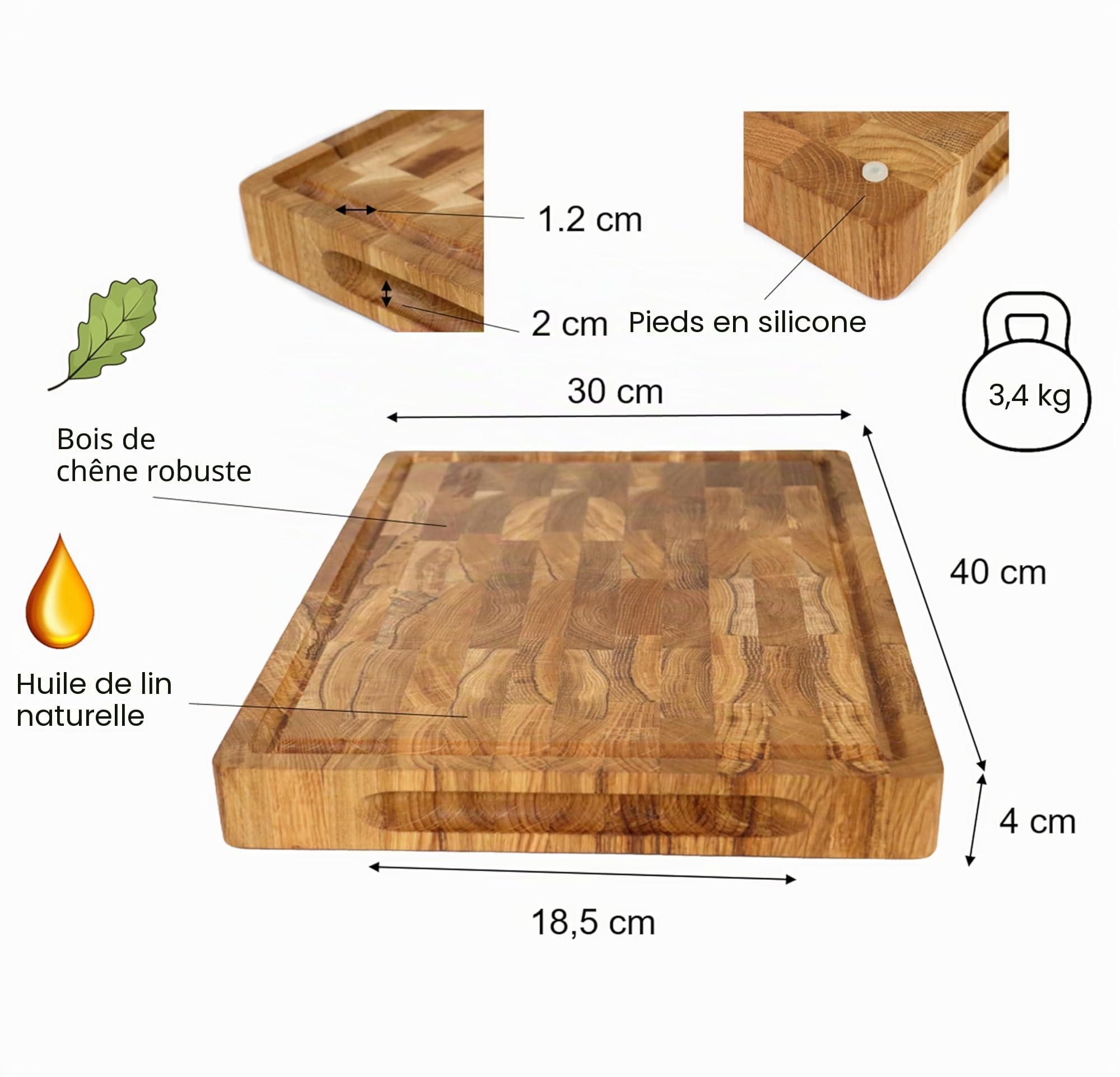 B4K® Planche à Découper en Bois de Chêne 40x30x4 cm avec Poignées et Pieds en Silicone | Bloc à Découper Antibactérien | Construction de Bout