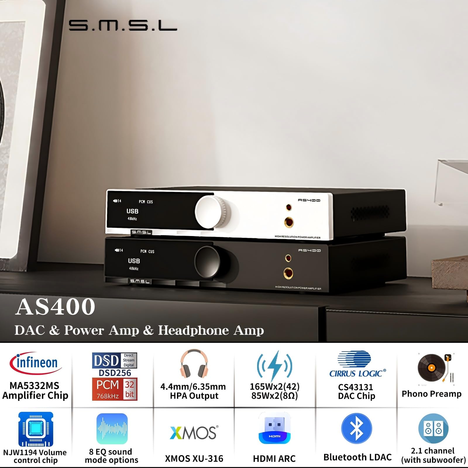 s.m.s.l SMSL HDMI搭載プリメインアンプ AS400 ブラック Amazon.com: SMSL AS400 Power Amplifier DAC Headphone Amp 2.1