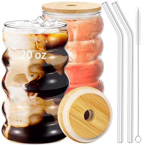 2 Pcs 20oz Drinking Glasses Set with Bamboo Lids and Straws, Cute Iced Coffee Glass Cups, Iced Coffee Tumblers, Thick Drinking Jars for Smoothie, Boba Milk Tea, Ideal for Gift, with Straw Brush - 2x20OZ with lids - 1
