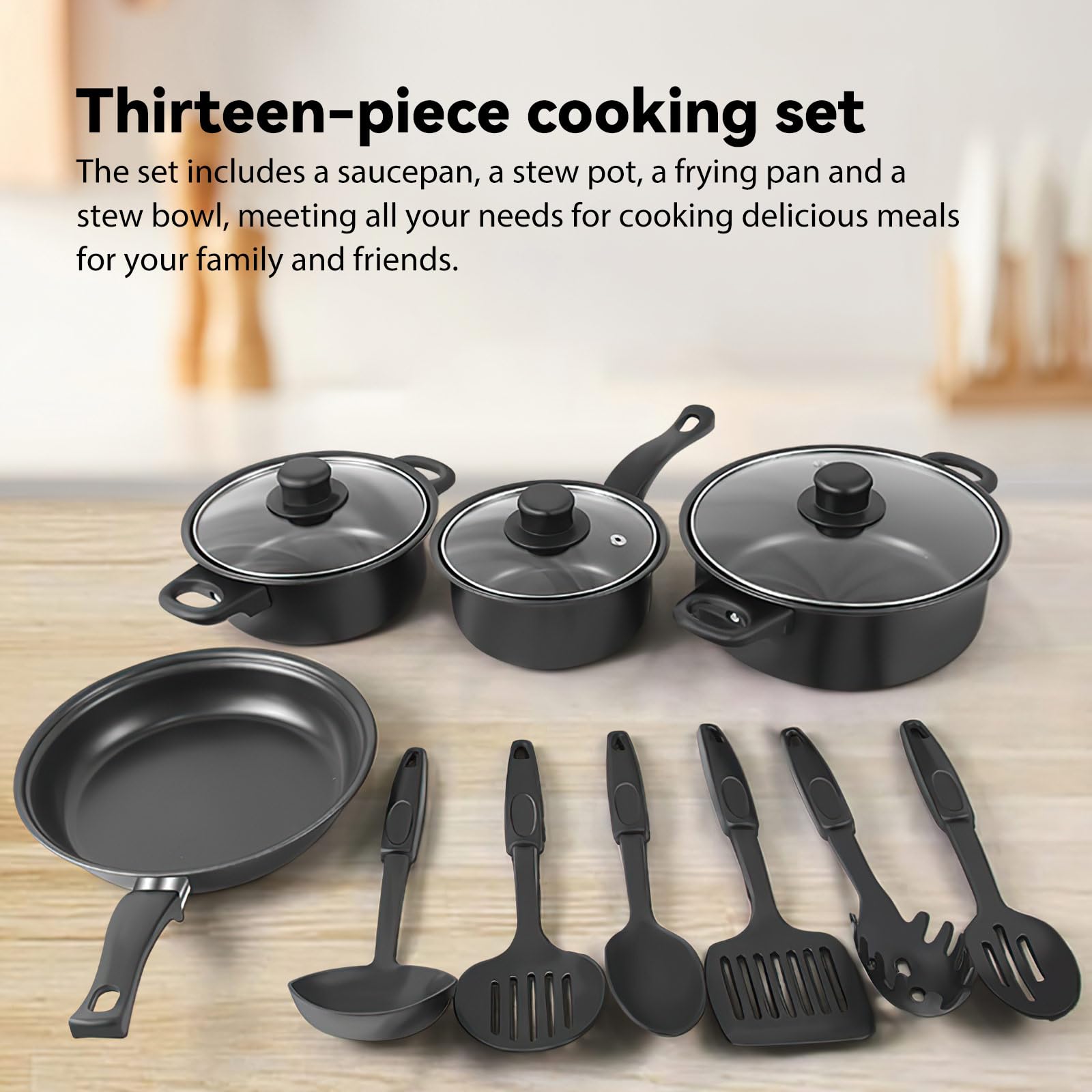 Batterie Cuisine,Casserole et Poêle Induction 13 Pcs Antiadhésives (13PCS) | Poêle Profonde avec Couvercles(16/18/22cm),Poêle à frire 22cm,6pcs cuillères,Poignée Amovible,Compatible Tous Feux
