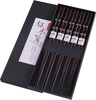 5 Pairs Chopsticks Wooden, Glamfields Reusable Chop sticks, Non-slip Japanese Style gift set