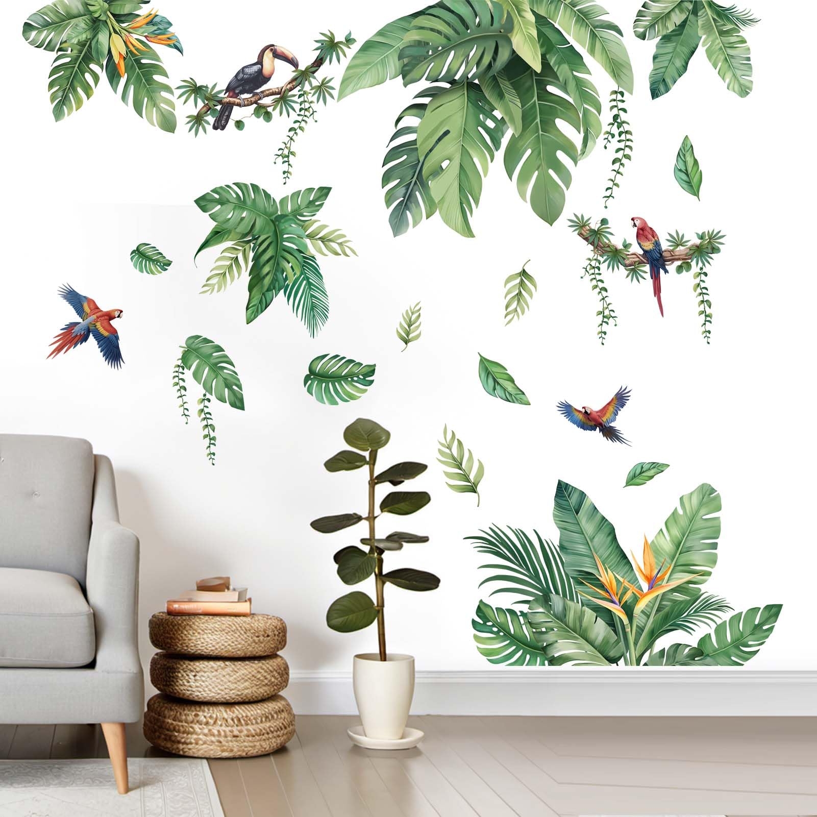 Leaves Wall Stickers for Living Room: Peel and Stick Tropical Plant Green Hanging Leaf Wall Decals