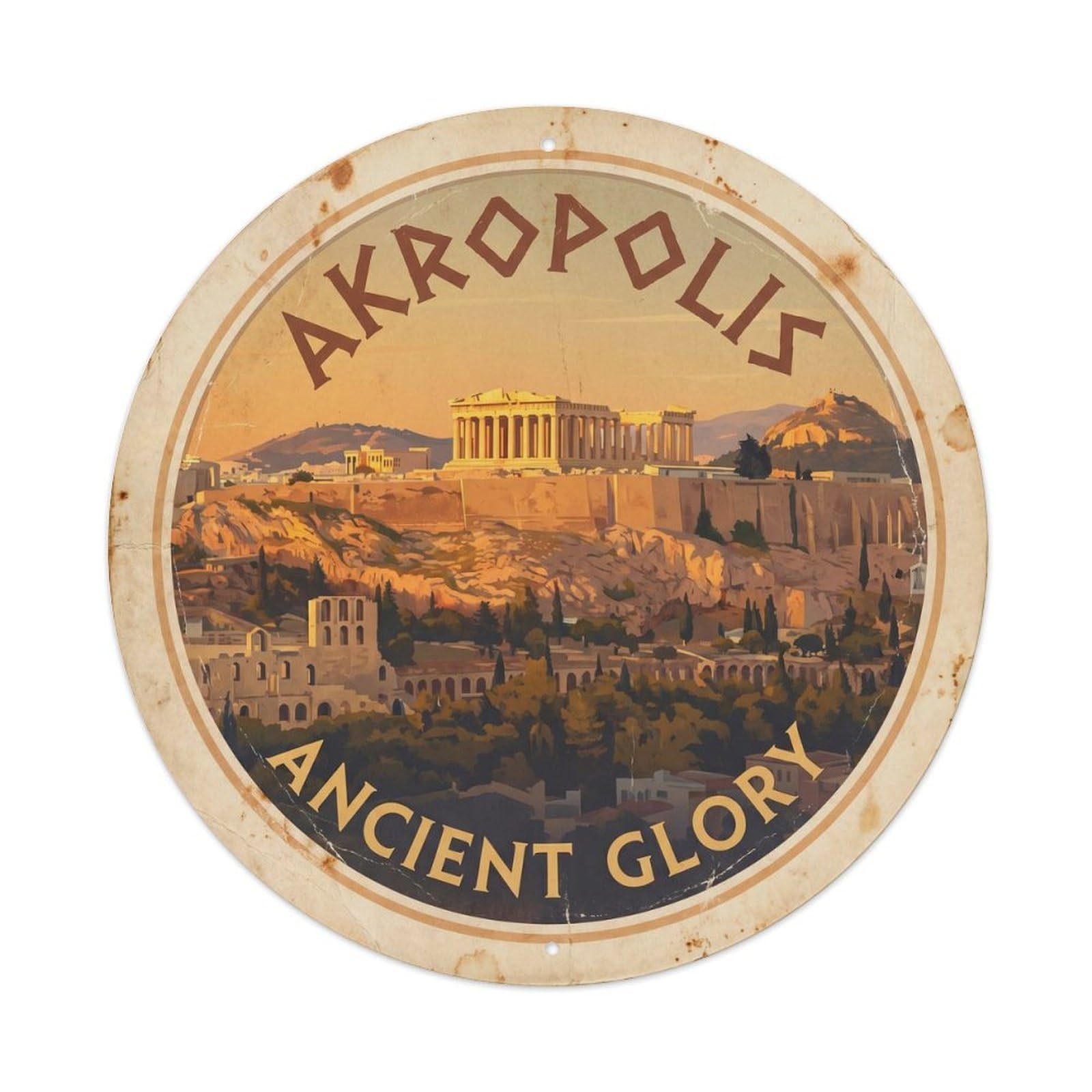 Vintage Travel Acropolis Athens Sunset Metal Tin Sign Plaque Wall Decor for Cafe, Club, Garden Round Metal Poster 8x8Inch