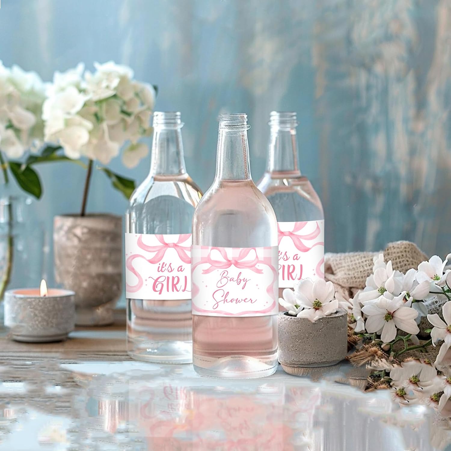Pink Bow Baby Shower Decorations for Girl 52Pcs Bow Water Bottle Labels Pink Bowknot Party Decoration It's A Girl Baby Shower Water Bottle Sticker for Bowknot Theme Gender Reveal