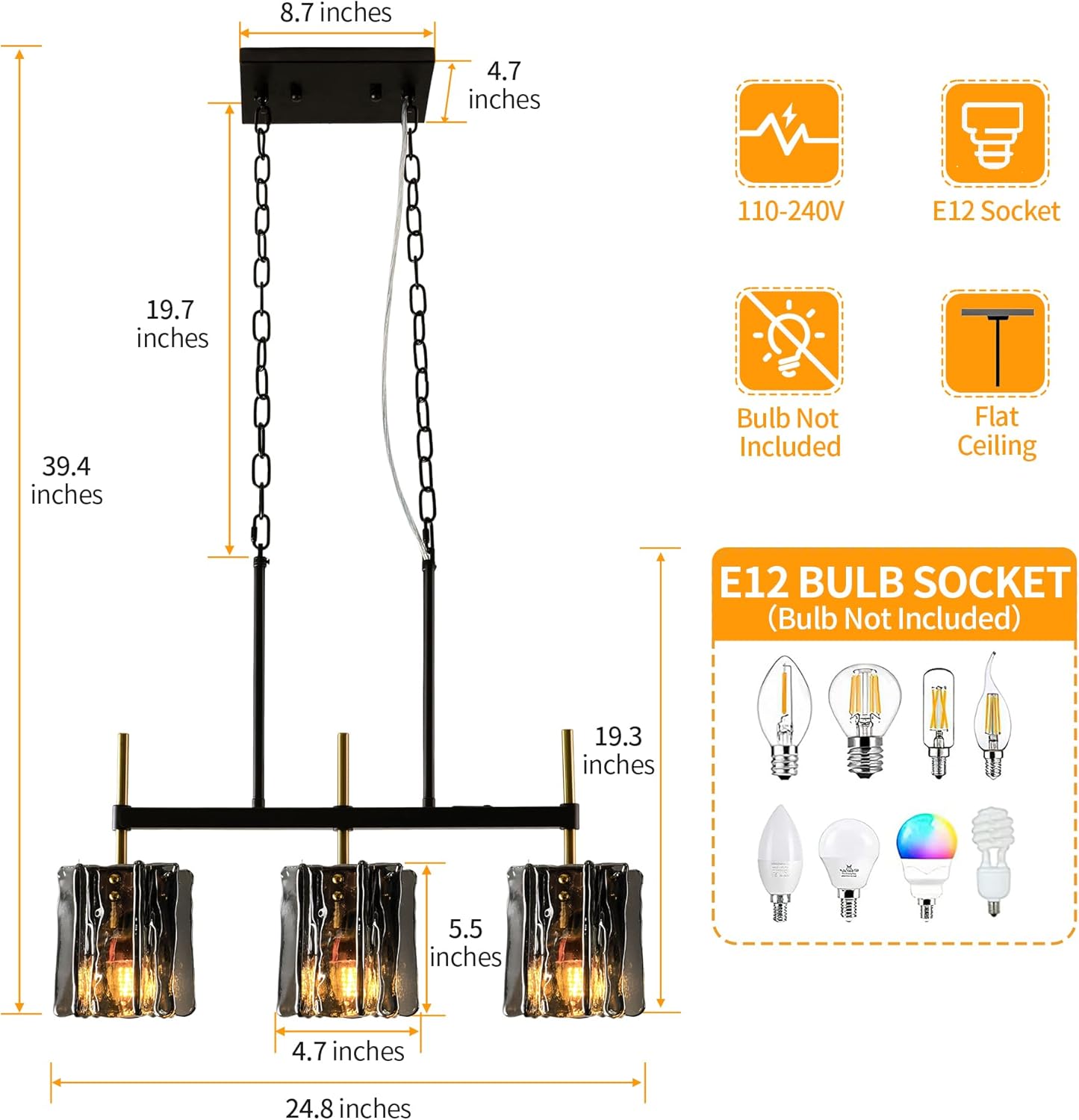 3-Light Smoked Glass Rectangular Chandeliers for Dining Room, Black and Brass Linear Glass Pendant Light Kitchen Island Chandelier Hanging Lighting Fixture with Water Ripple Glass for Living Room
