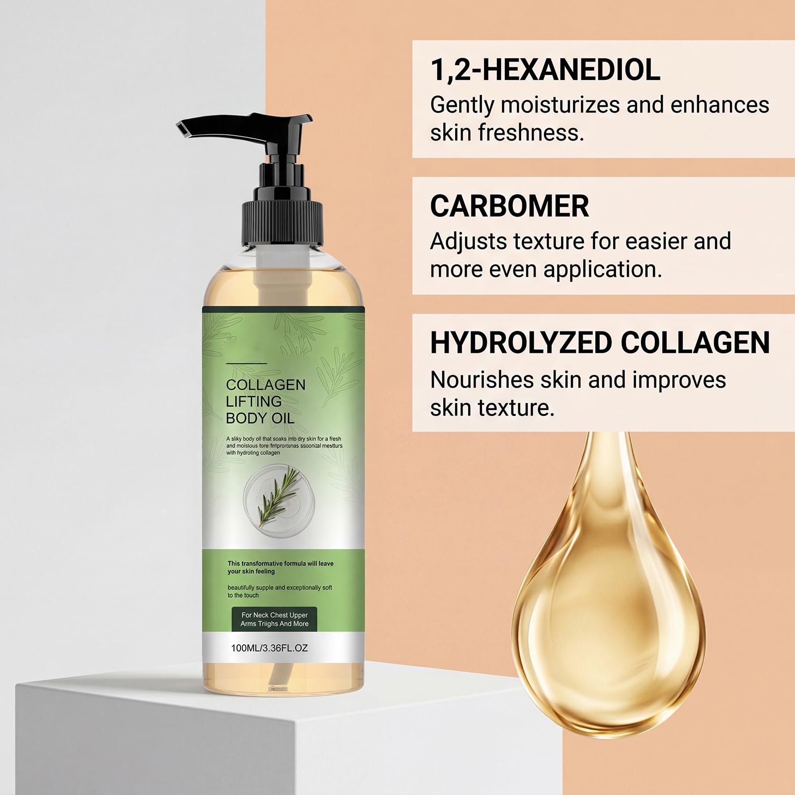 Olio di collagene per la pelle più rassodante collagene lifting olio per il corpo rassodante per la pelle fine e morbida cura dopo la doccia, non grassa leggero, nutriente idratante collo décolleté