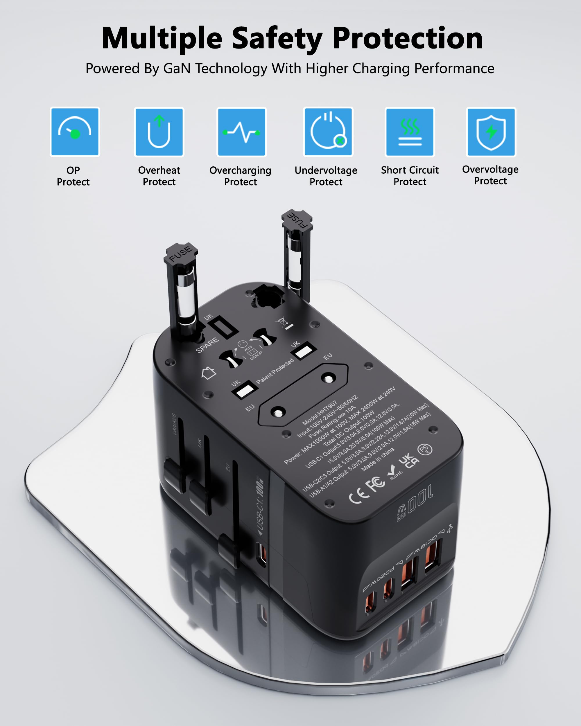 100W GaN Universal Travel Adapter International Power Adapter 5 USB 3 USB C Charging Ports European Travel Plug Adapter Worldwide