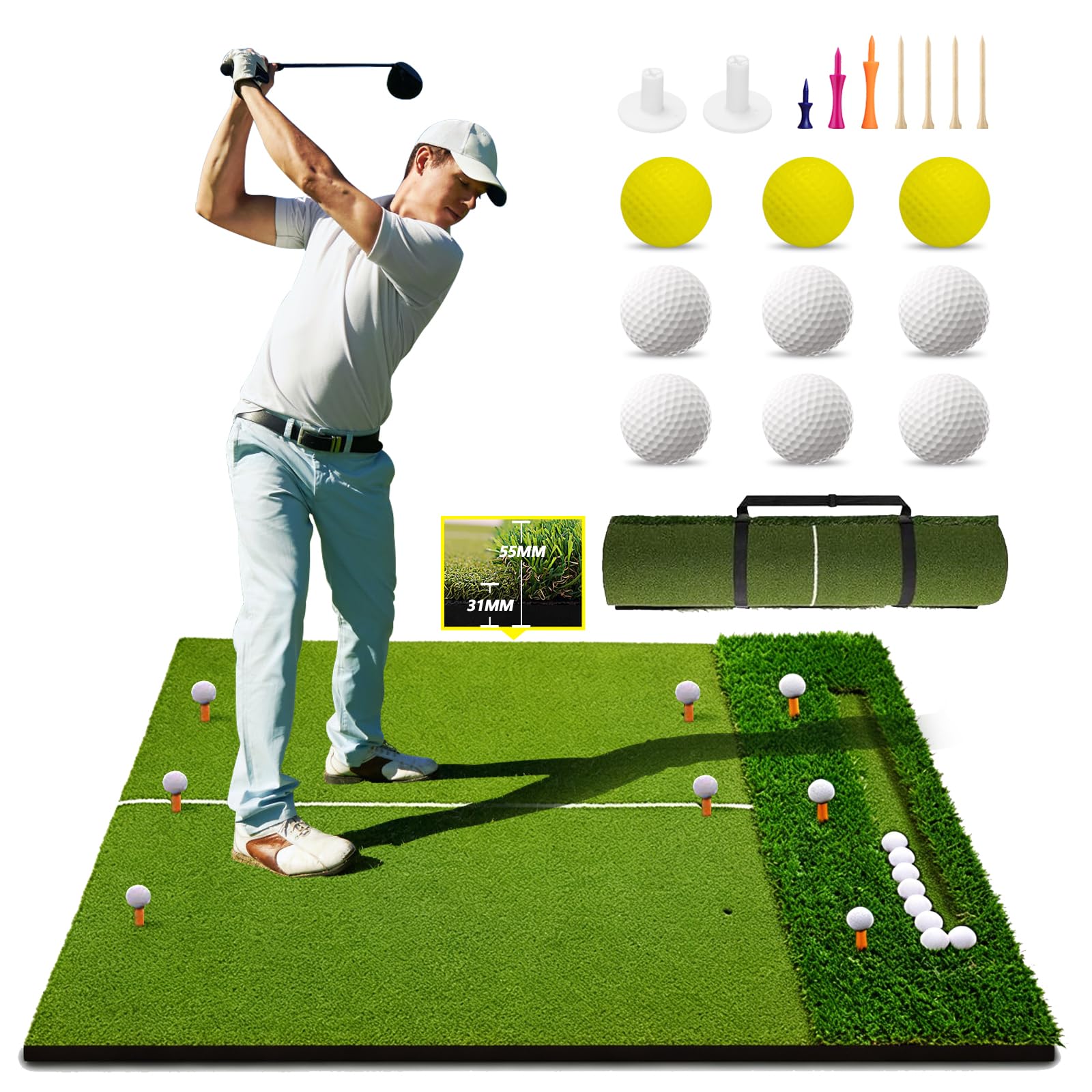 TTCBSPORTS 31MM Golf Hitting Mat with Ball Tray, 5x4FT Golf Practice Mat
