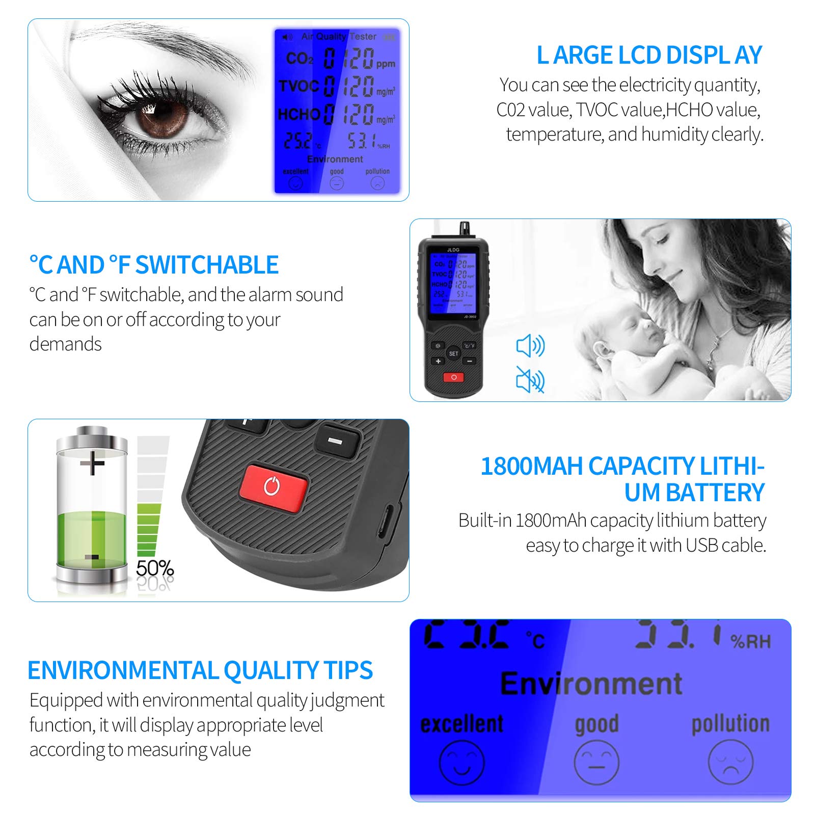 Monitor de Calidad del Aire Analizador, Medidor de CO2, Multifuncional Medidor de TVOC, Dispositivo de medición de Temperatura y Humedad, Detector de Formaldehído Interior, Probador