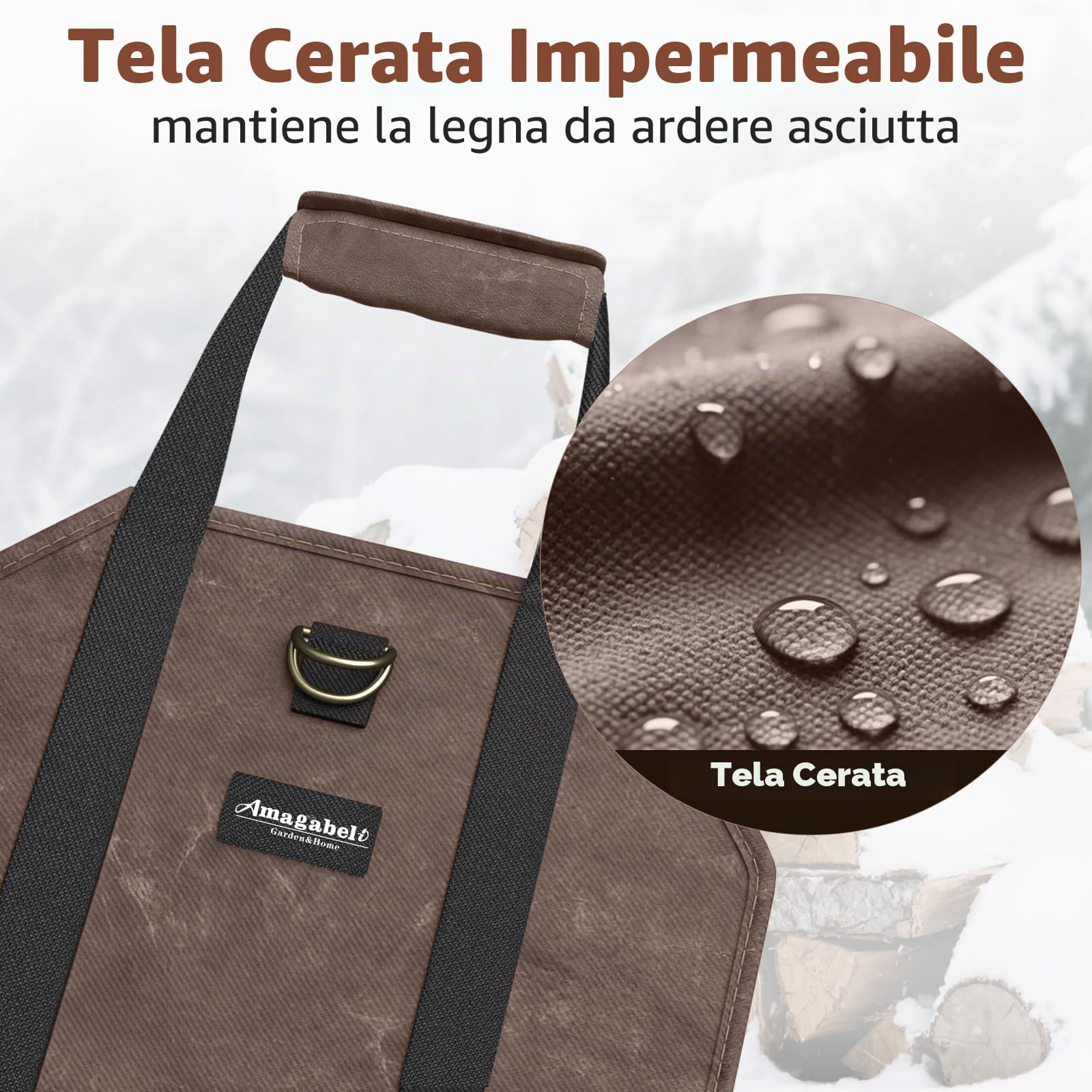 Amagabeli Borsa Porta Legna Grande in tela Cerata in Legno Borsa per Interni Porta Legna Cesto Legna per Camino da Esterno Legno Durevole Cesta per Legna Portalegna（Marrone Scuro）
