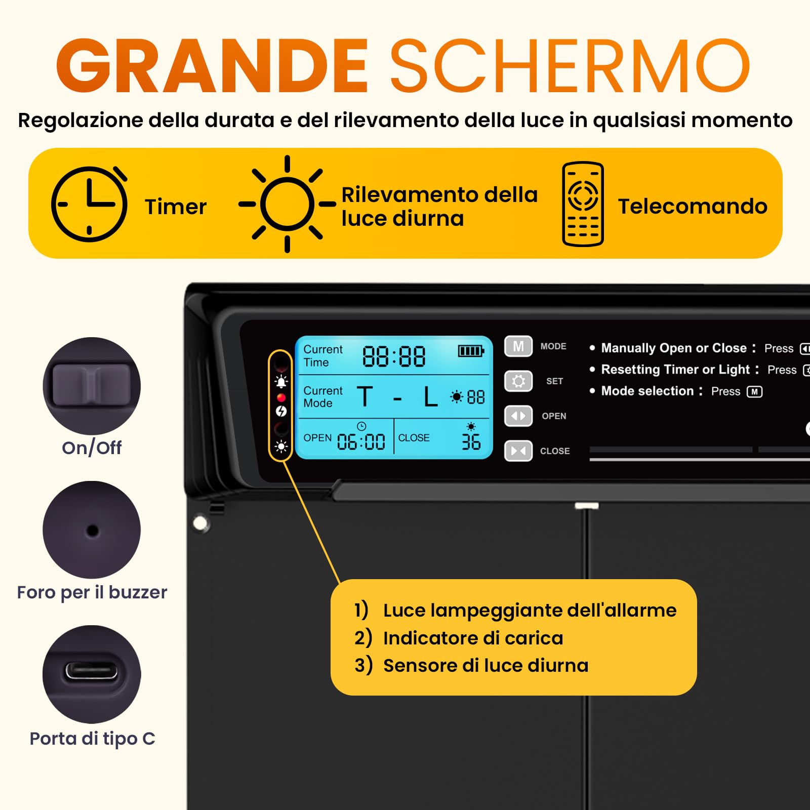 Porta Automatica Pollaio Extra Large Solare – Display LCD, Telecomando, Sensore di Luce, Timer & Funzione Antipizzicamento – Apertura 28,7 x 22,1 cm – Protezione 5 Anni – Nero - Okköbi