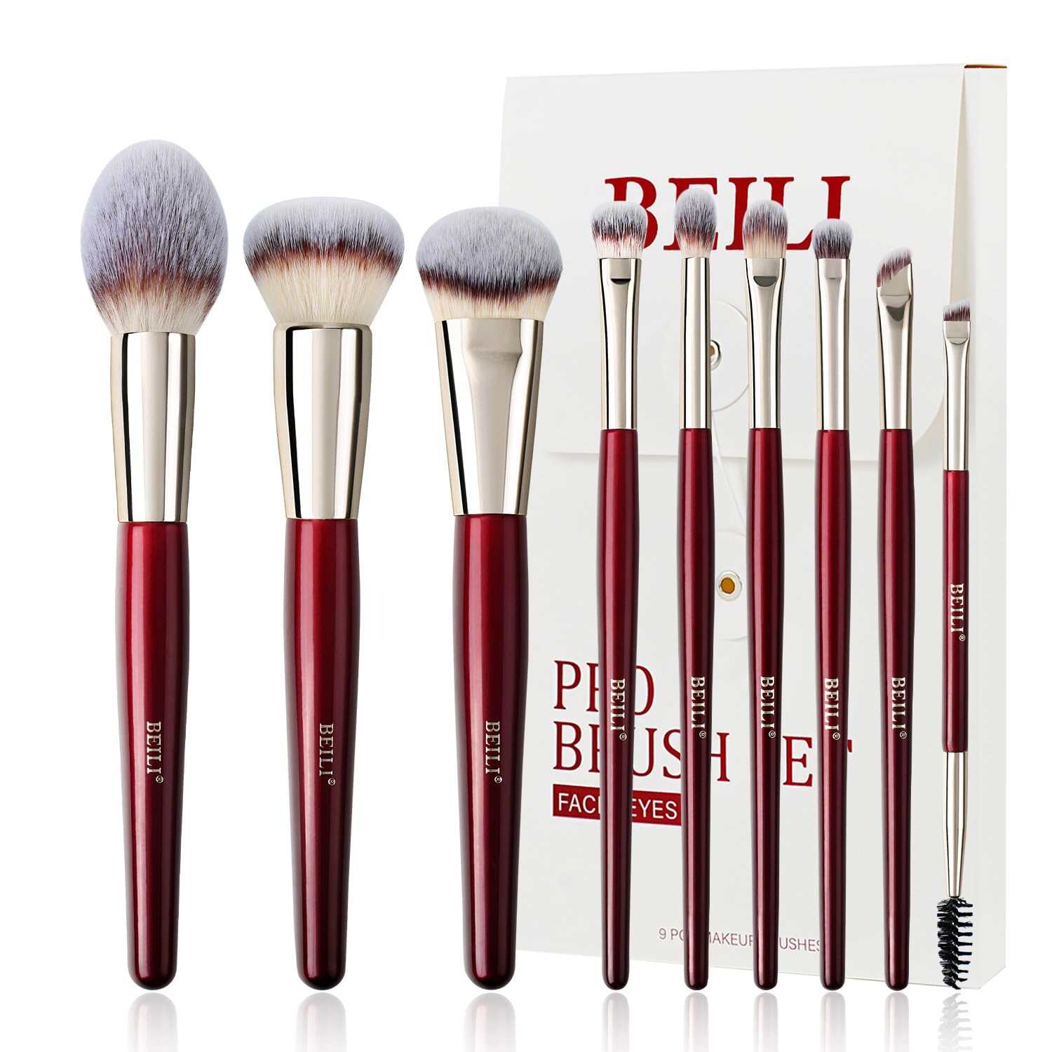 BEILI Juego de 9 brochas de maquillaje veganas de primera calidad, correctores de base, colorete, sombra de ojos, delineador de ojos, polvo, resaltador, mezcla de brochas faciales