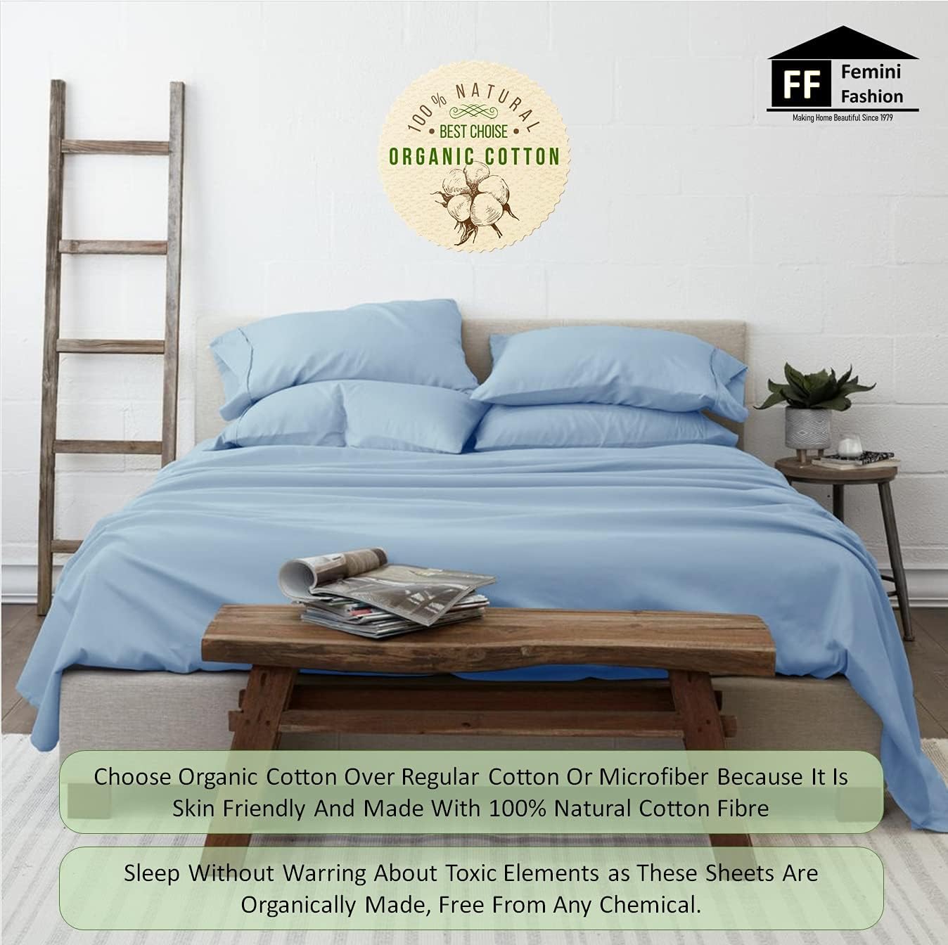 Femini Fashion 1000 Thread Count 100% Organic Cotton, 12-Inch Deep-Pocket, Luxury Breathable 4-Piece Bed Sheet Set (1 Flat Sheet, 1 Fitted Sheet, 2 Pillow Covers) - Queen, Light Blue