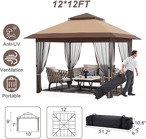 Miniatura 2 de GAOMON Cenador desplegable de 12 x 12 pies, tienda de campaña de doble techo para exteriores con mosquitera, toldo de camping para césped, patio y