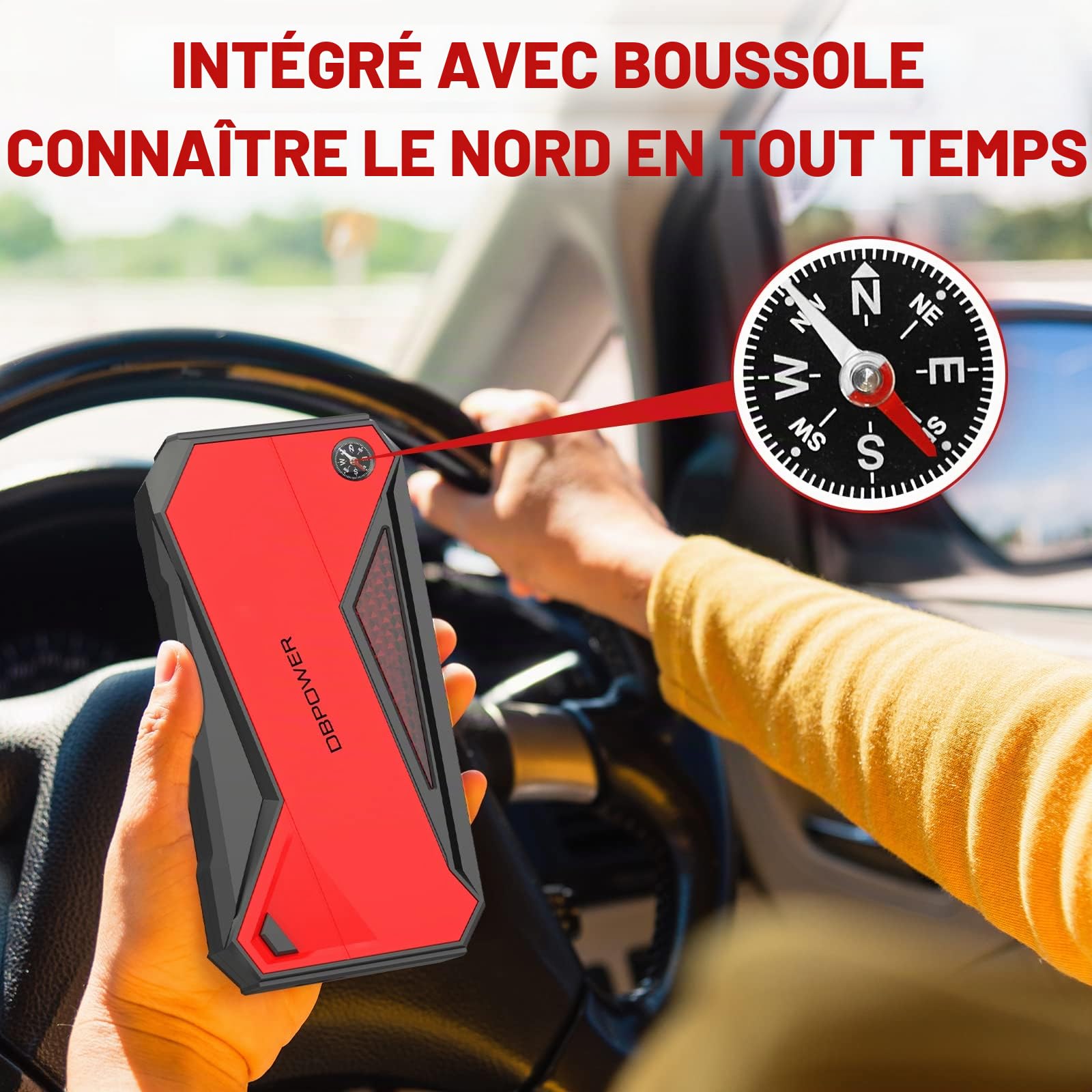 DBPOWER Démarreur de batterie de voiture 1600 A 12 V, démarreur portable avec pinces intelligentes, boussole, lampe LED et port Type-C, pack de booster de batterie pour moteurs essence jusqu'à 7,2 L