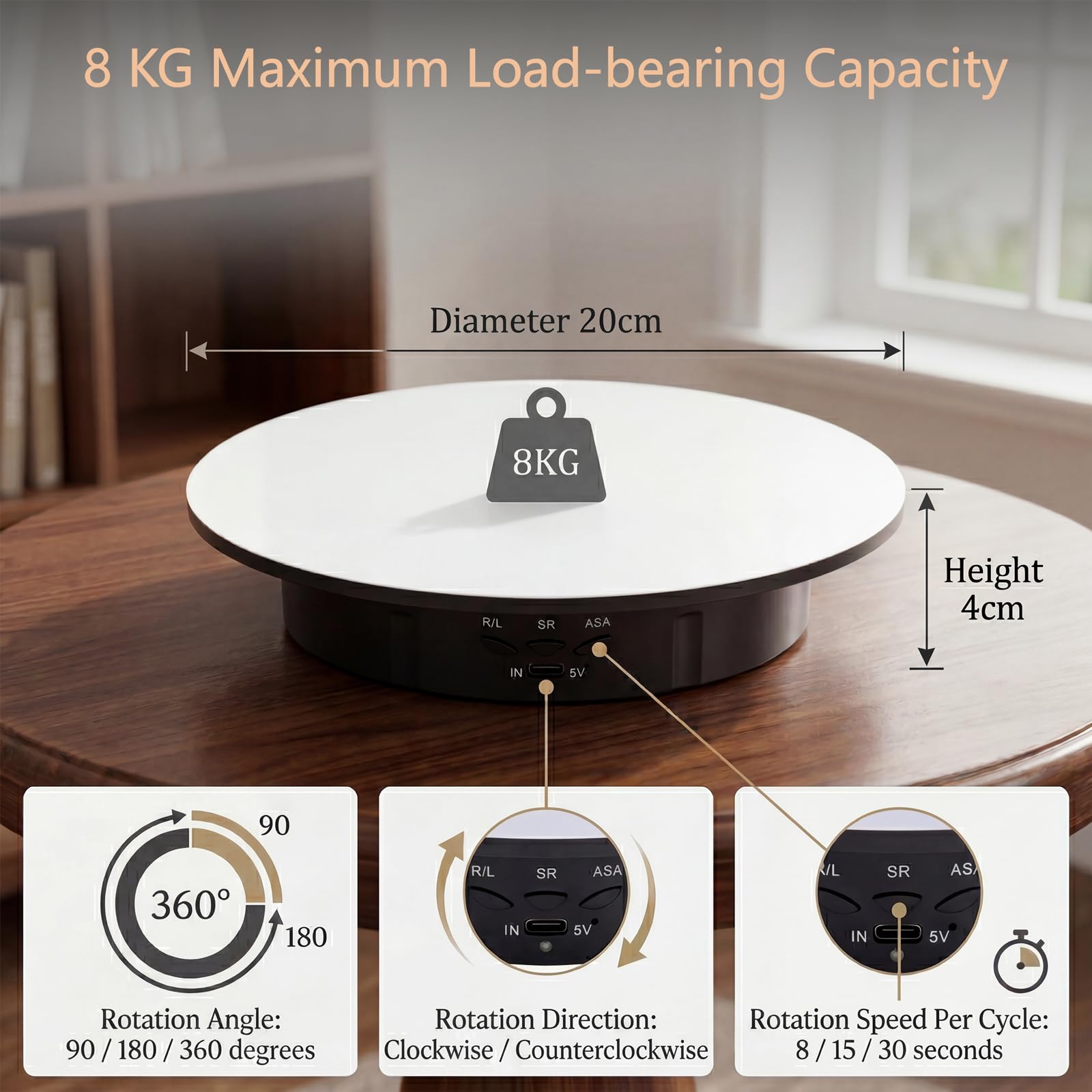 Plateau tournant électrique de 20 cm avec 5 fonds, plateau rotatif pour la photographie, rotation à 360°, capacité de charge de 8 kg, idéal pour les accessoires de tournage vidéo et les bijoux