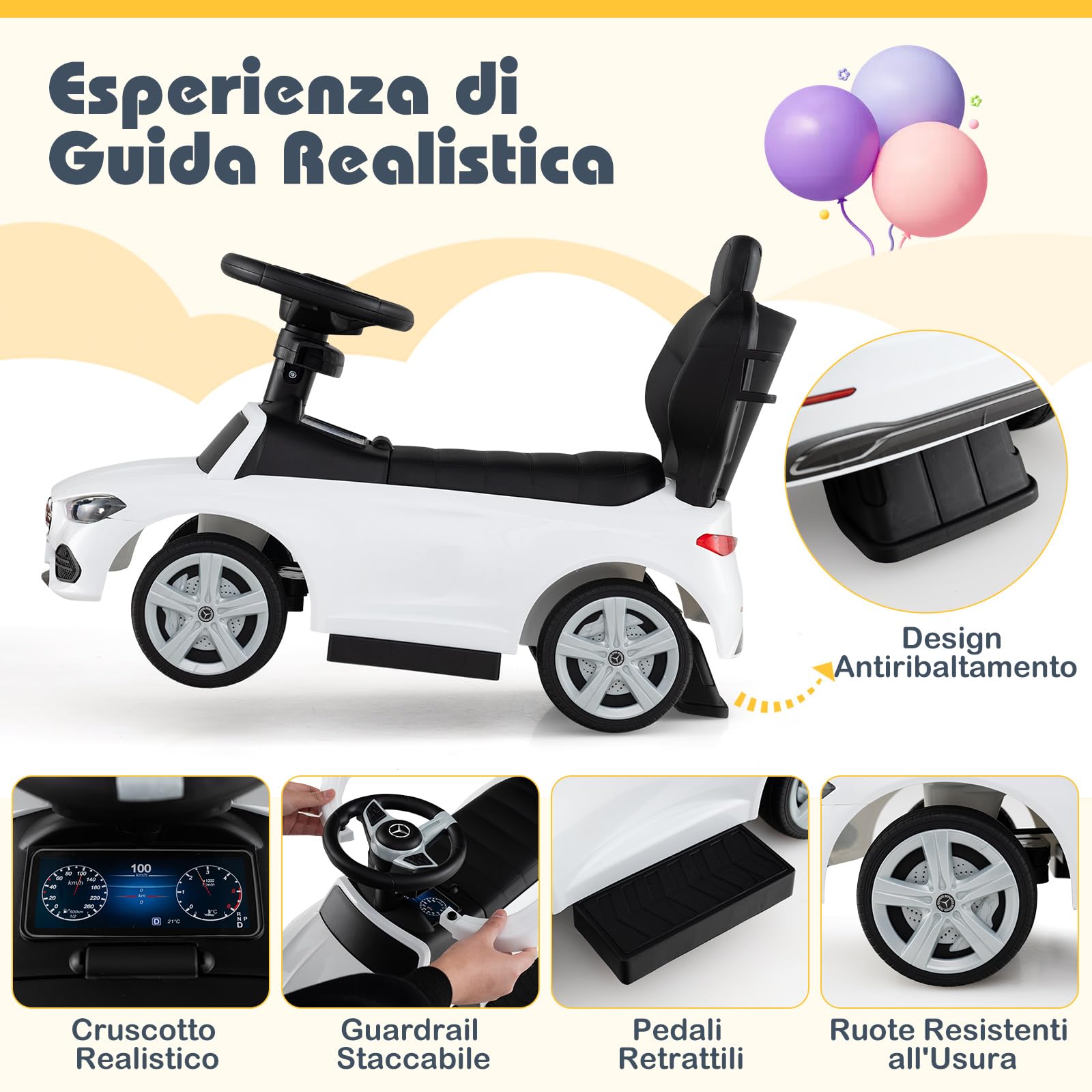 COSTWAY 3 in 1 Auto a Spinta, Mercedes-Benz Macchina Cavalcabile, con Schienale Regolabile Suono Barra di Spinta e Tettuccio, per Bambini 18-36 Mesi (Bianco)