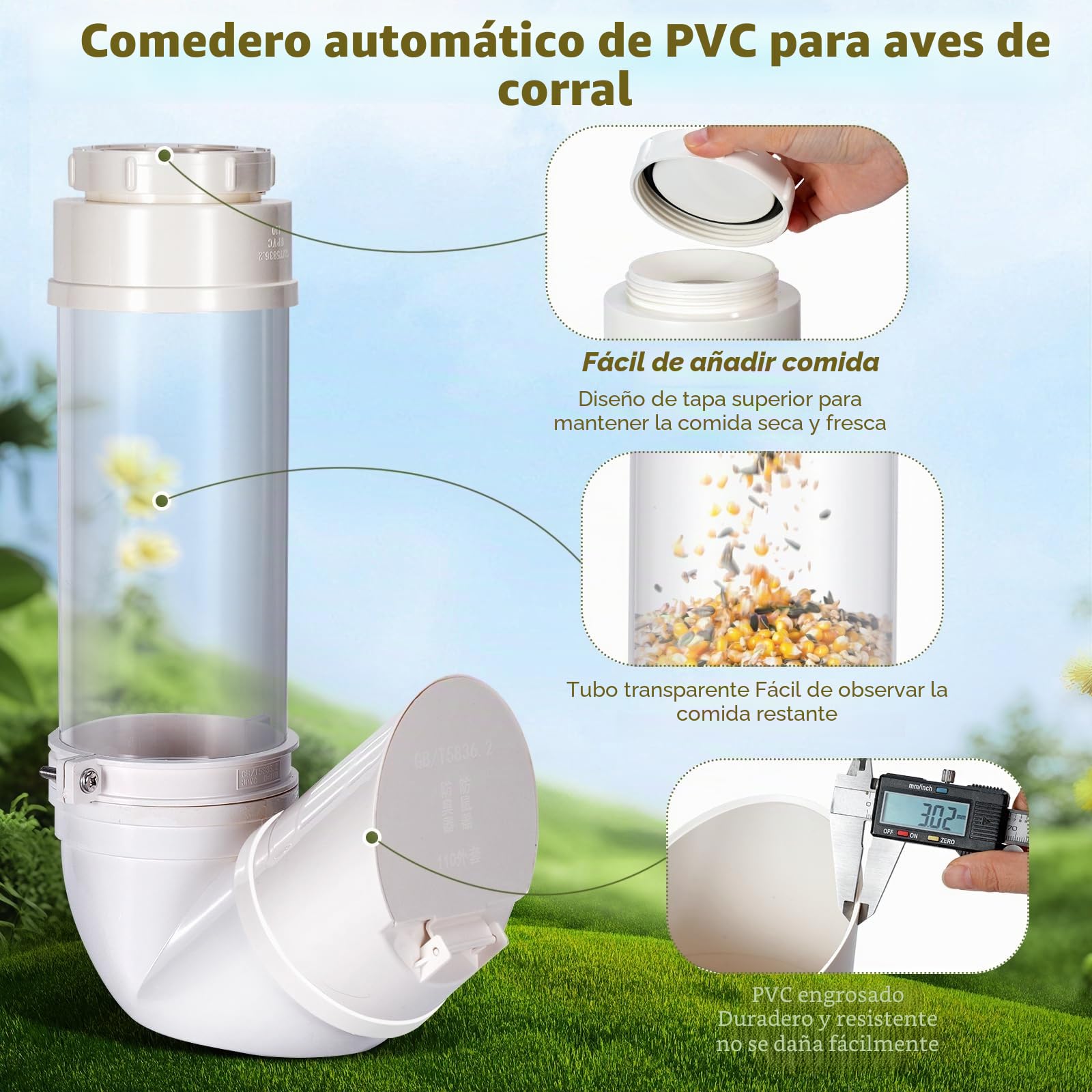 Comedero AutomáTico para Pollos De PVC. Comedero para Aves De Gran Capacidad 3 Kg con Cubierta Protectora contra La Lluvia por Gravedad Sin Desperdicio para Patos, Pavos