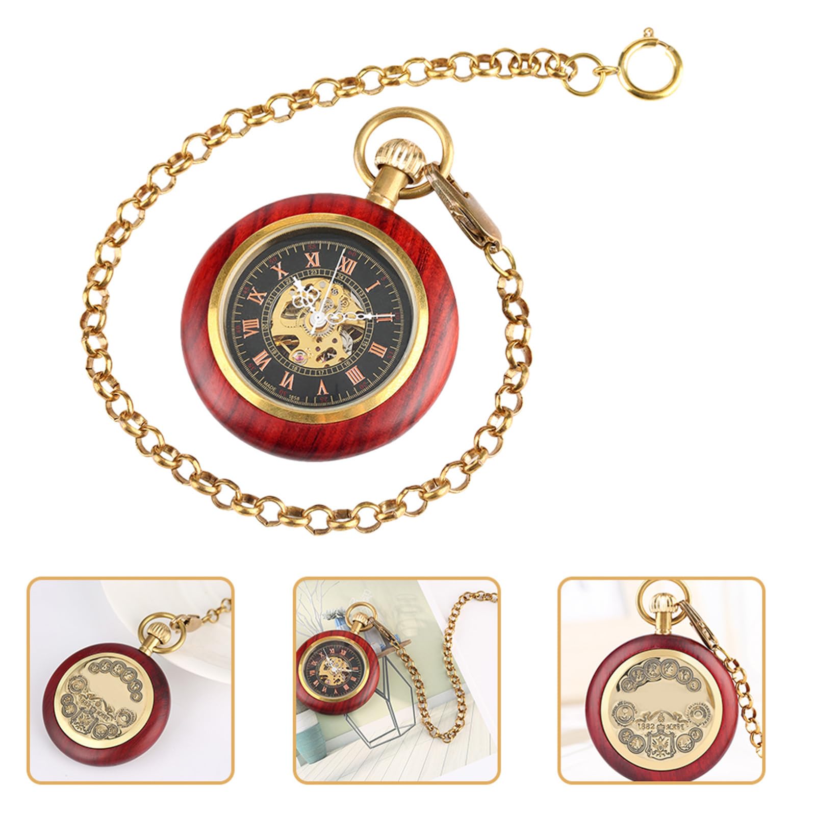 Reloj de Bolsillo Vintage Cadena, Diseño Mecánico Antiguo en Aleación y Madera, Fácil de Llevar para Uso Diario y Ocasiones Obsequios