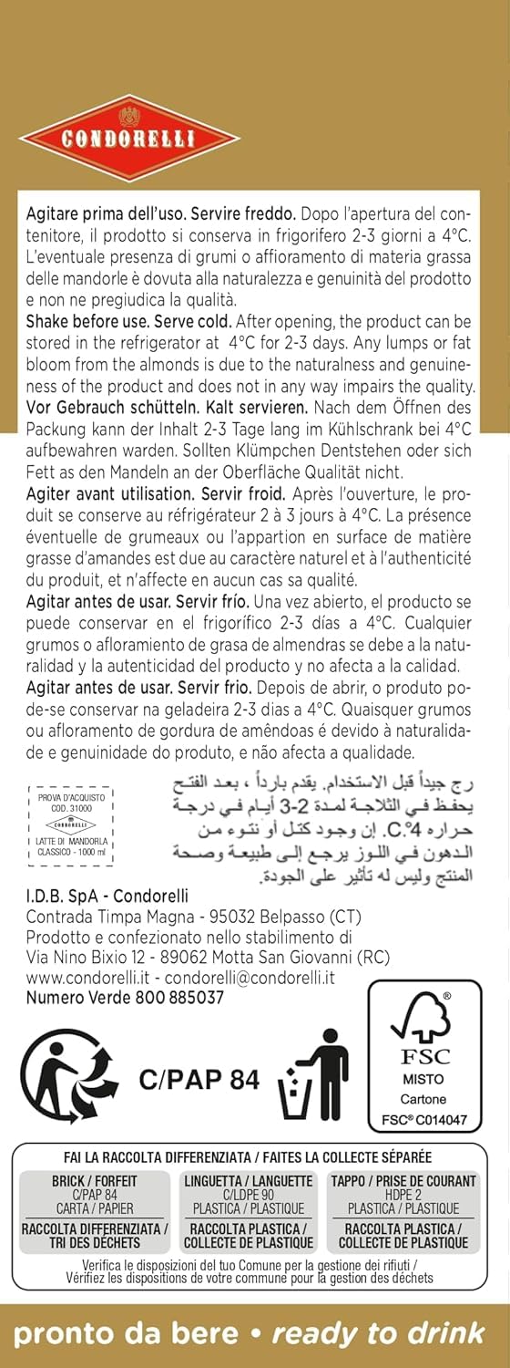 Condorelli Almond Drink Classico 6x1 L pflanzlicher Mandeldrink glutenfrei laktosefrei italienisches Rezept