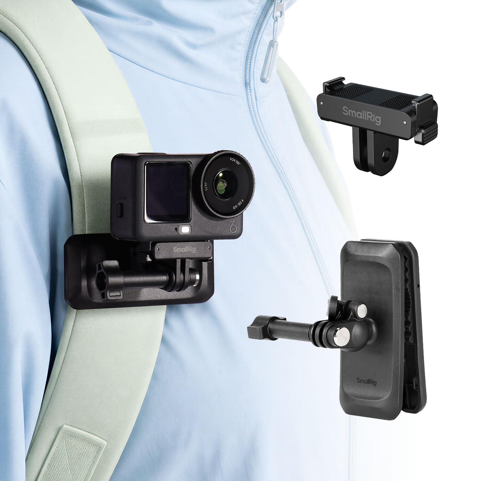 SMALLRIG Rucksack-Clip-Halterung für DJI Osmo Action 6/Nano, 360°-Kugelkopf & 2-Zinken-Halterung, Magnetadapter & klappbarer Haken, POV-Aufnahmen für Wandern/Vlogging - 6307