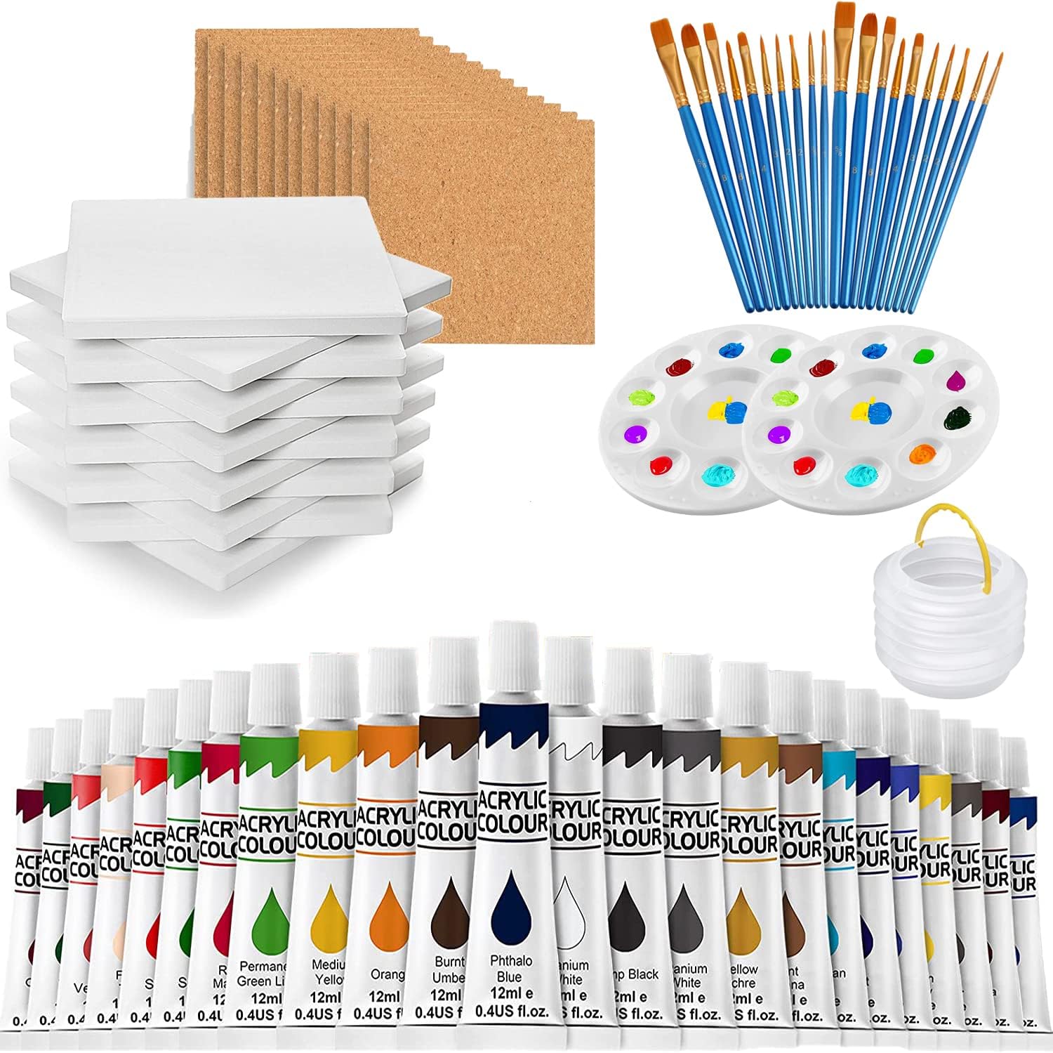 YZLIANGYUAN 12PCS 4x4 White Ceramic Coaster Tiles Kit - Unglazed DIY Paint Set with 24 Acrylic Colors, 20 Brushes, Palettes & Cork Backs
