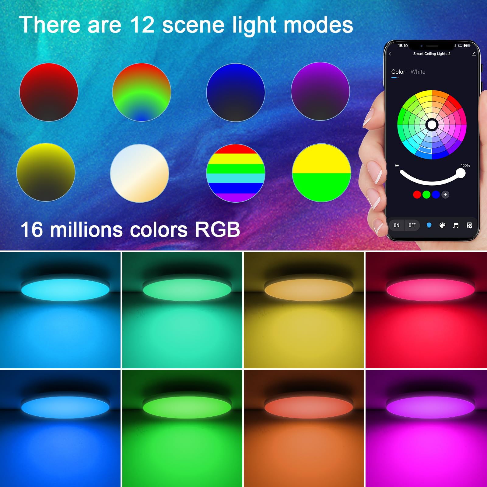 Led Deckenlampe Dimmbar mit Fernbedienung, [2 Stücke] 24W 16 Millionen RGB Farbwechsel Smart led Deckenleuchte Steuerbar via App, 2400LM Deckenbeleuchtung Ø30CM Lampe für Wohnzimmer Schlafzimmer, Weiß