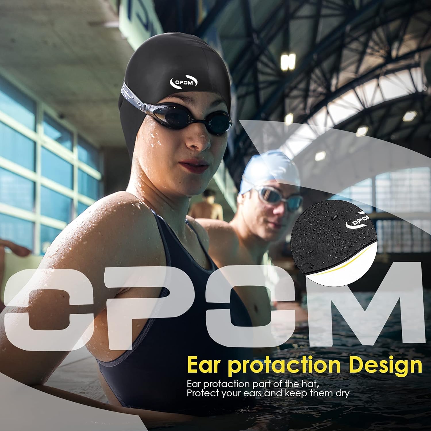 OPOM Swim Caps for Women and Men Unisex Adults, High Elasticity Thick Silicone Swim Cap for Long Hair, Bathing Swimming Cap with Ear Plugs and Nose Clip, Keep Your Hair Dry(Black) : Sports & Outdoors
