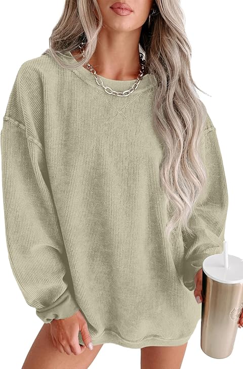 QIXING Damen Sweatshirt Oversize Pullover Rundhals Baumwollpullover Langarm Cordpullover Tops Herbst Mode Outfits 2025