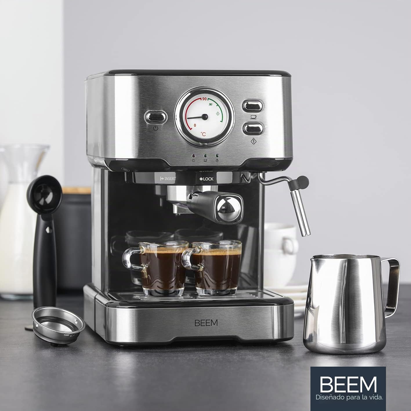BEEM ESPRESSO-SELECT Máquina de café espresso en diseño clásico | Máquina portafiltros con 15 bar y boquilla de espuma de leche profesional para tus especialidades de café | Especialidades del café