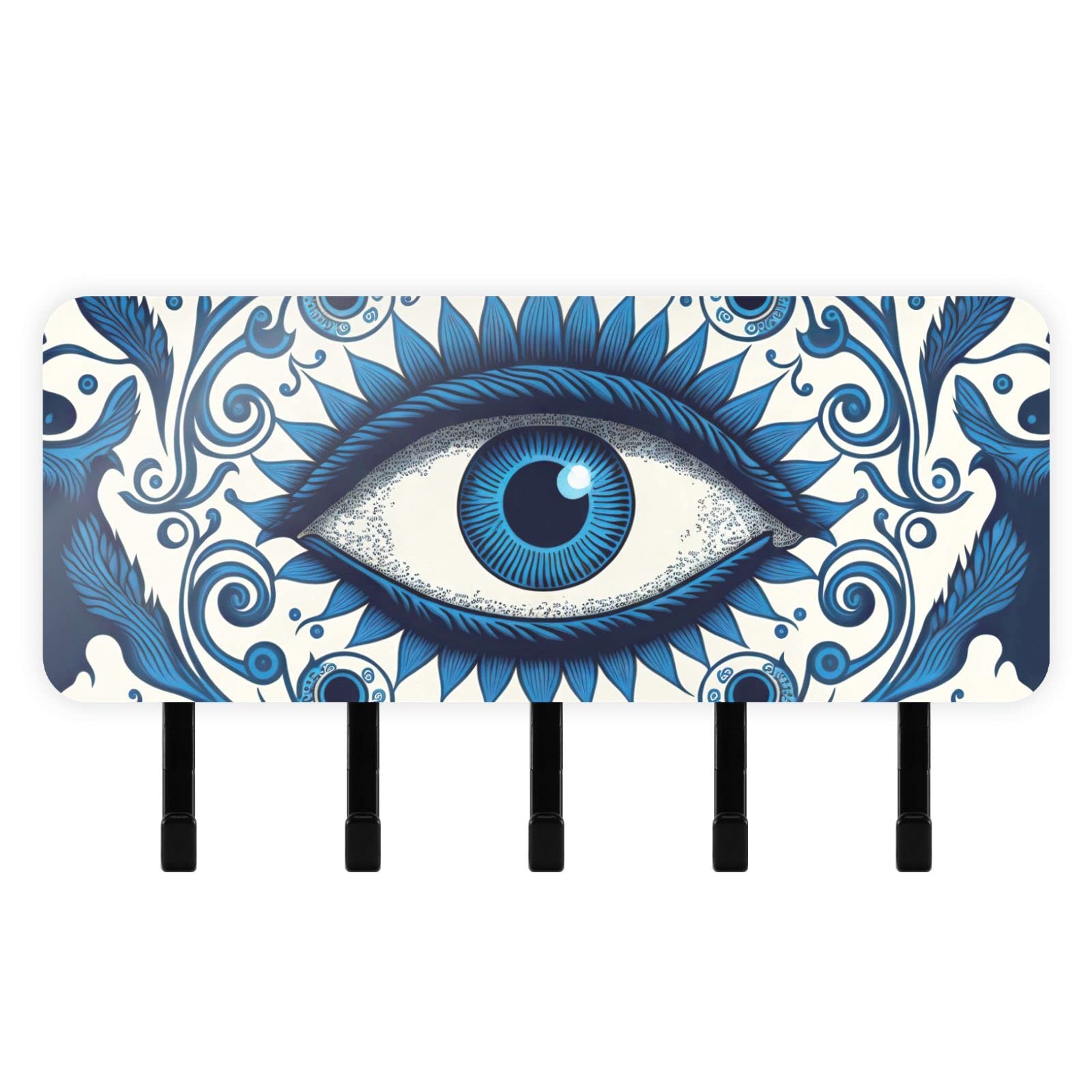 FOLIOSA Key Holder for Wall (Blue Evil Eye), Exquisite Patterns Mail Organizer 7.1×4.1 in 3.3 LB Weight Capacity 5 Key Hooks for Living Room Hallway Bedroom Entrance