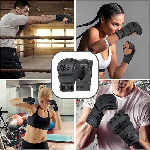 Miniatura 4 de Stealth Sports Guantes de MMA para hombres y mujeres, 0.472 in de grosor, guantes de piel sintética, palma abierta, Muay Thai, Kickboxing, saco de