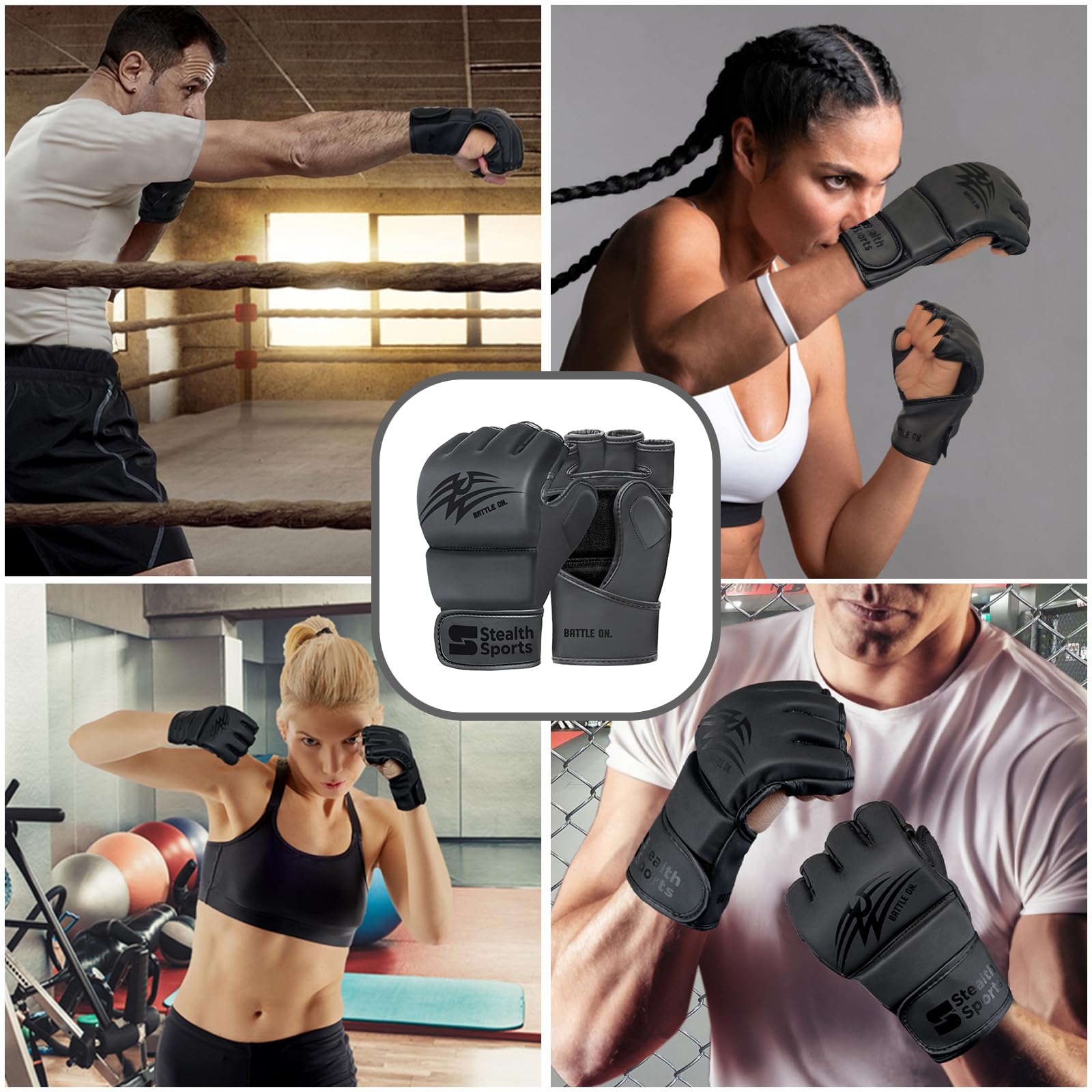 Gants MMA Hommes Femmes 12mm d'épaisseur - Gants de Grappling en Cuir PU Paume Ouverte Muay Thai Kickboxing Sparring Punching Training Cage Combat Mitaines d'arts Martiaux