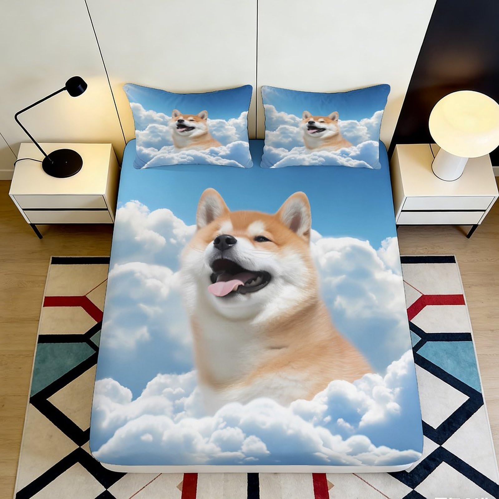 3D Printed Shiba Inu Cloud Fitted Sheet Microfiber Soft Breathable Dog Sky Bed Cover for Bedroom Guest Room Decor 90x200x25cm